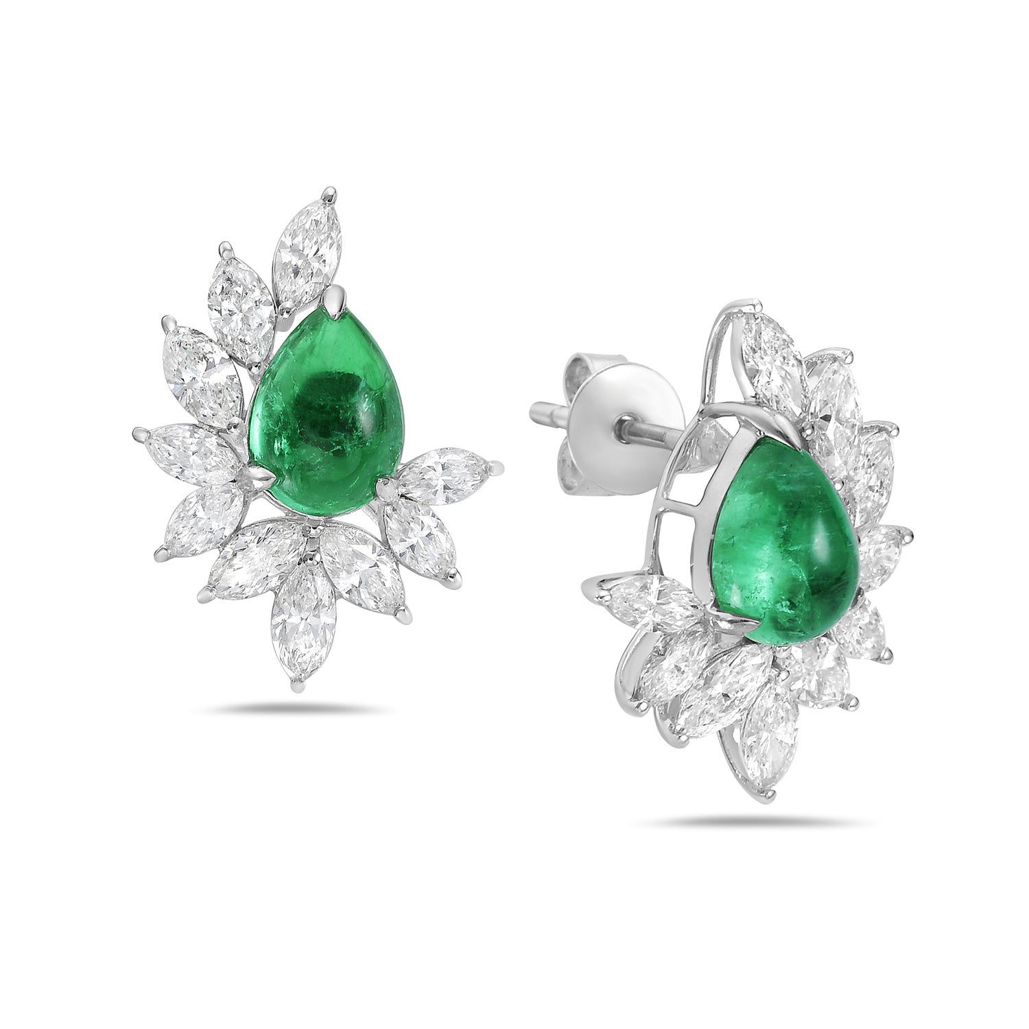 Exquisite Cabochon Emerald & Rose Cut Diamond Daisy Stud Earrings in 14K White Gold – Perfect for Weddings, Anniversaries & Special Occasions