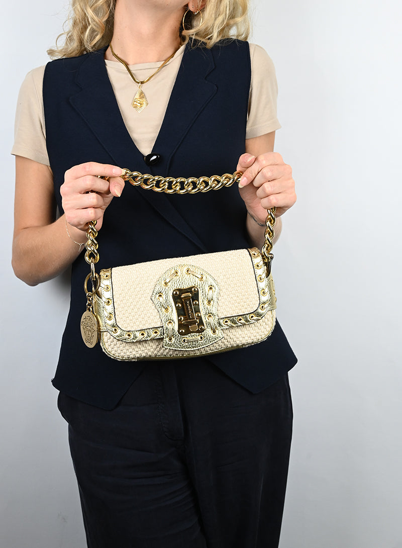 Versace Shoulder Bag in Cream Knit - Elegant Designer Handbag for Women, Perfect for Parties, Work & Everyday Use