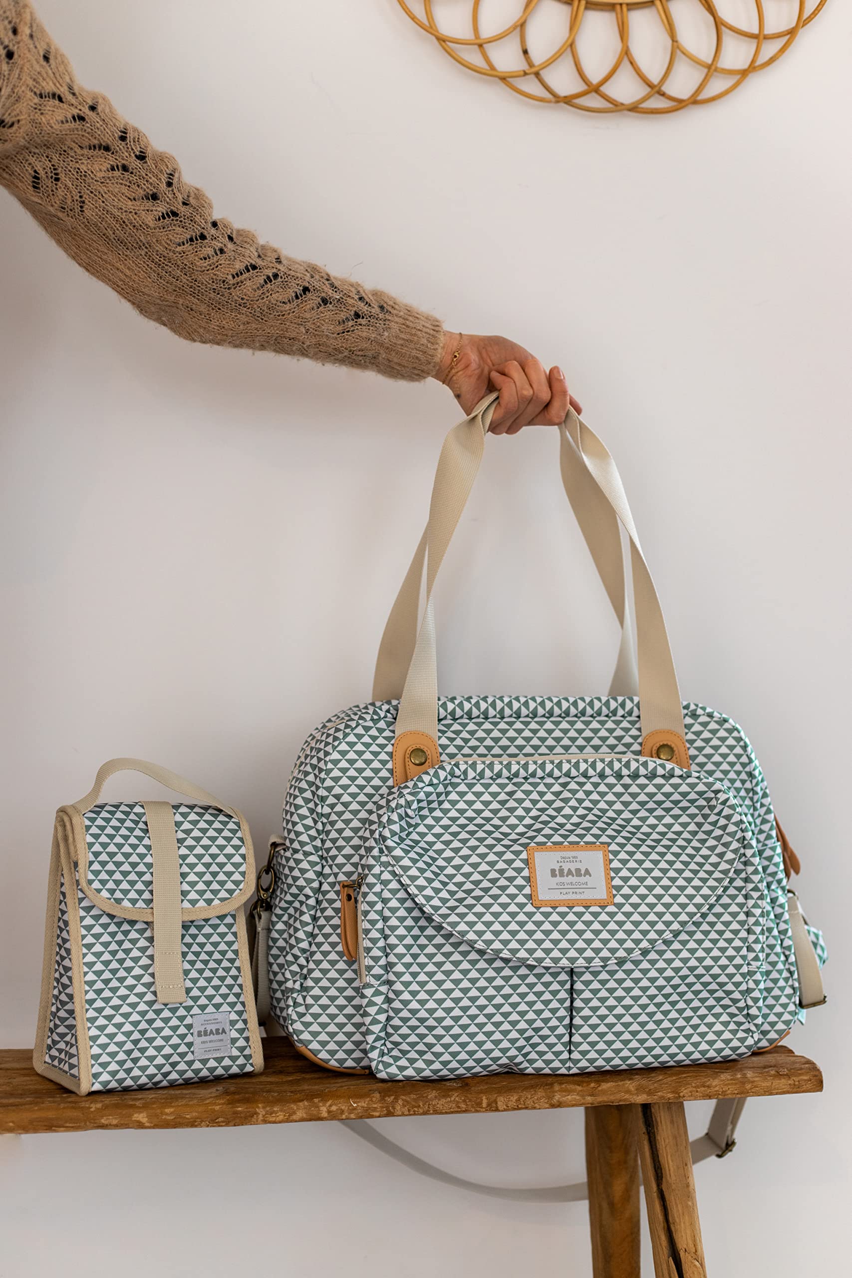 BEABA Geneva II Baby Changing Bag - Large Capacity Diaper Bag with Multiple Storage Pockets, Removable Front Pocket & Stroller Attachment | Includes Changing Mat & Insulated Lunch Pocket | Perfect for Travel, Daycare & On-the-Go Parents (Sage Green)