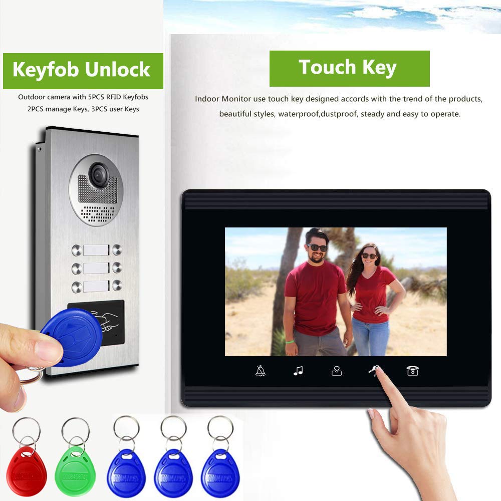 Upgrade 4 Units Apartment Intercom System - 7 Inch Touch Screen Video Door Phone Kit with Ethernet Cable Connection, Single Power Supply & ID Keyfobs for Home Security | Smart Access Control for Apartments, Condos & Gated Communities