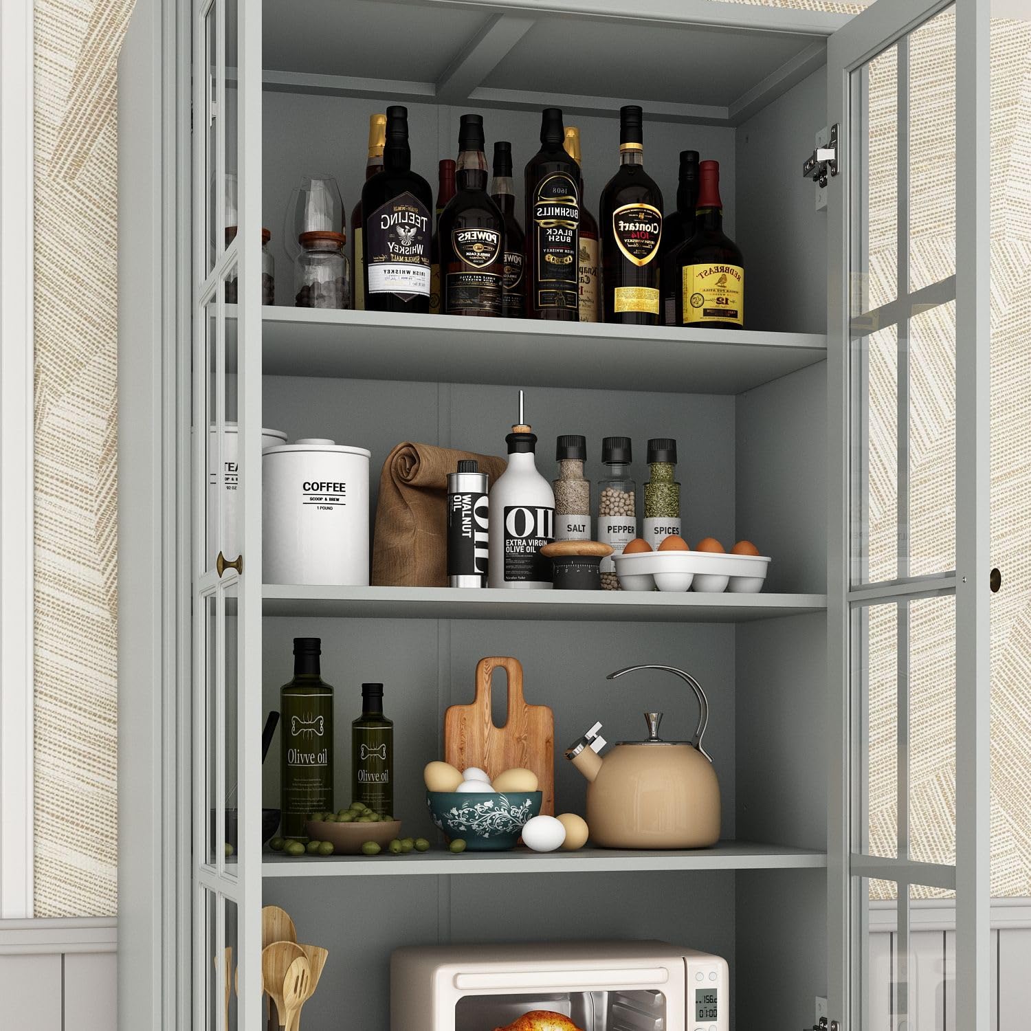 MOUMON Pantry Cabinet with 2 Drawers & Glass Doors - Adjustable Shelves Kitchen Storage Cabinet, 31.5