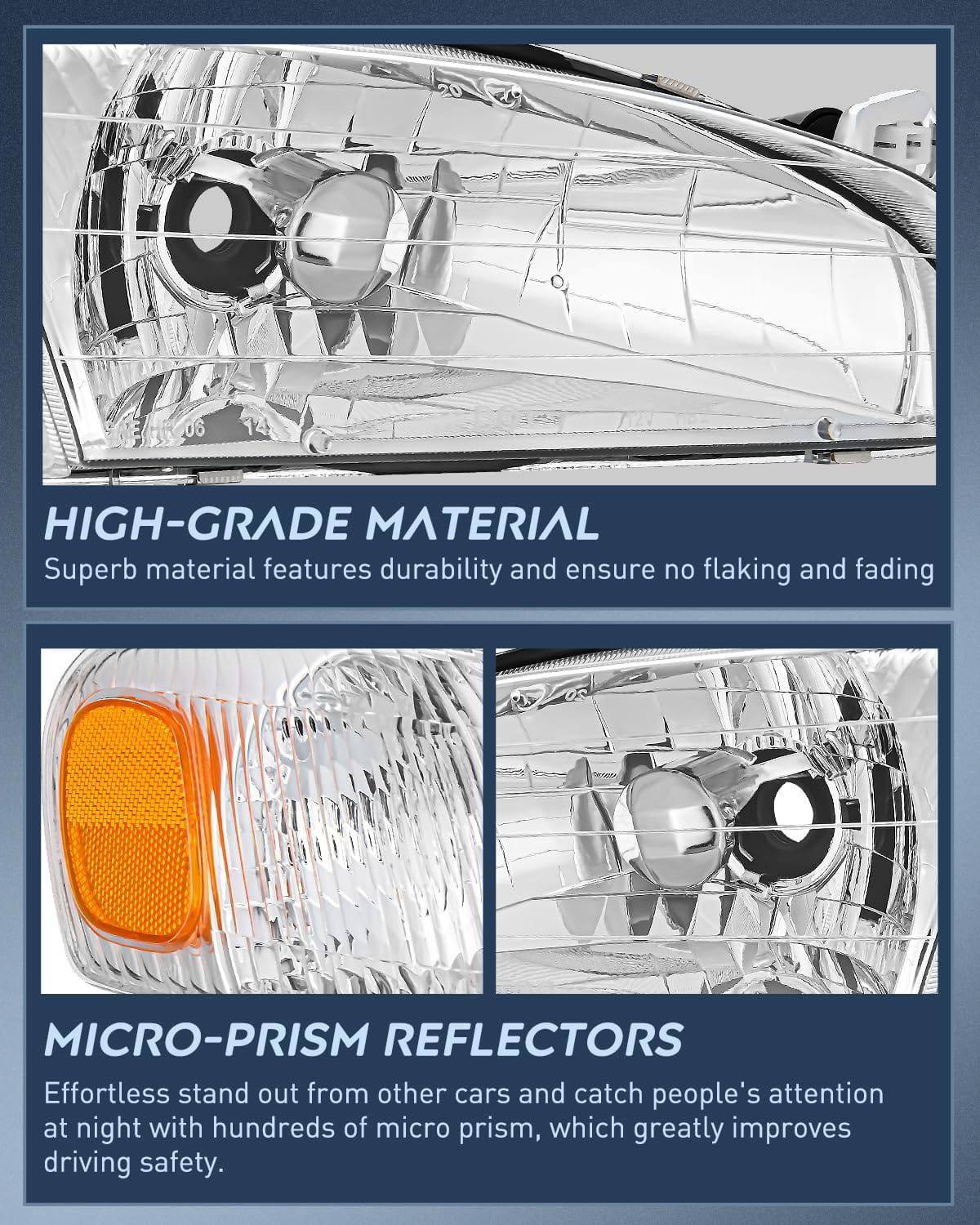 1998-2000 Toyota Corolla Headlight Assembly - Chrome Housing with Amber Reflector & Clear Lens Upgrade | Replacement for Dim/Broken Lights | Improved Night Driving Visibility