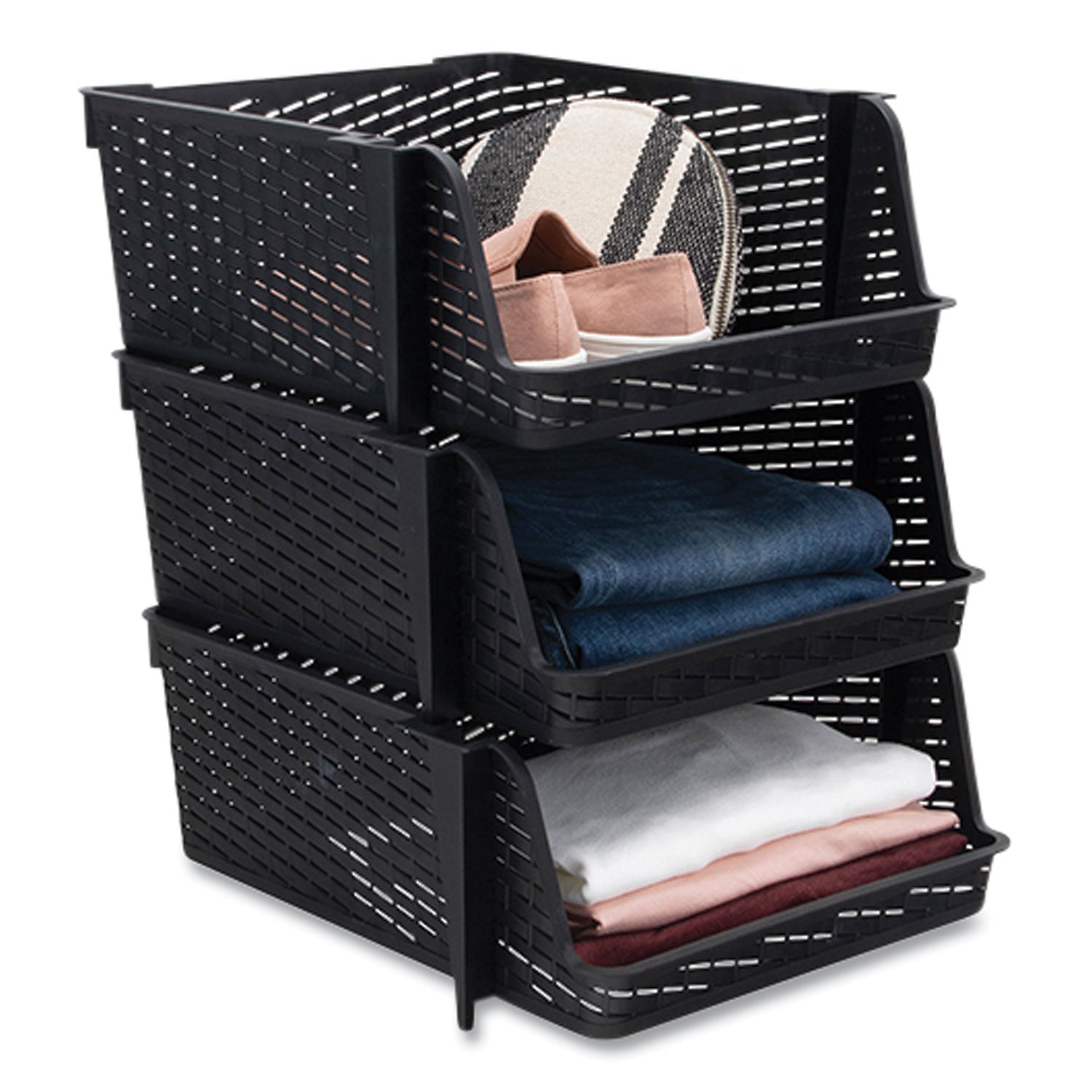 Advantus Nest and Stack Open Lid Storage Bin - 13.5 x 15 x 8.5 Inches, Black Plastic Organizer Bins, Set of 3 - Perfect for Home Organization, Closet Storage, and Office Supplies