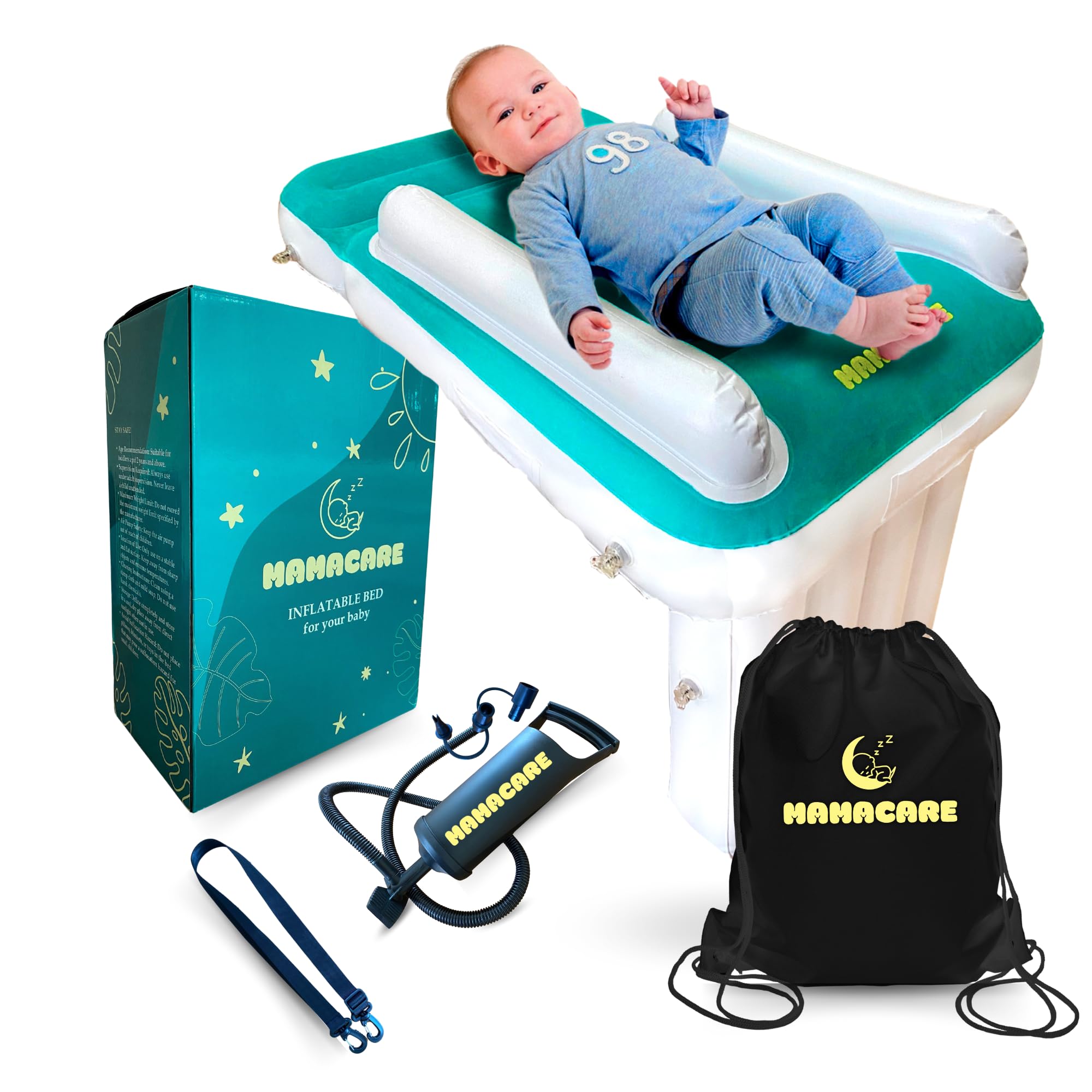MAMACARE Inflatable Toddler Airplane Bed with Bumpers, Pump & Travel Bag - Portable Kids Travel Bed for Airplane, Car & Home - Perfect Gift for Flying Toddlers & Comfortable Sleep On-The-Go