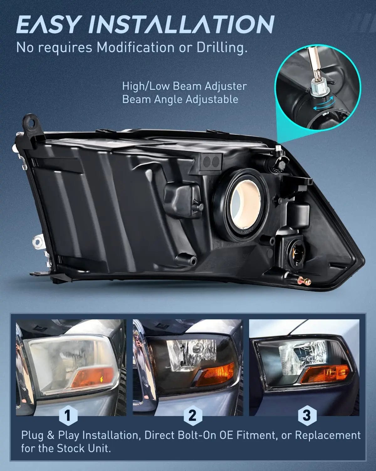 2009-2012 Dodge Ram 1500/2500/3500 Black Dual Beam Headlight Assembly - Replacement for Truck & Off-Road Lighting Upgrade