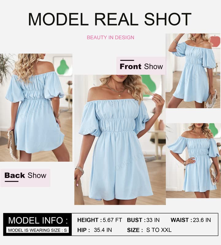 Dokotoo Women's Off Shoulder Summer Dress 2025 - Short Lantern Sleeve, Ruffle Trim, Elastic Waist A-Line Mini Dress for Beach, Vacation & Casual Outings