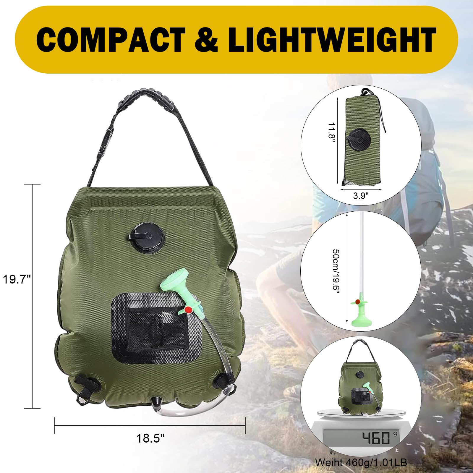 5 Gallon Solar Shower Bag - 20L Portable Camping Shower with Removable Hose & On/Off Switchable Shower Head - Perfect for Beach Swimming, Hiking, RV Trips and Outdoor Adventures - Lightweight Travel Shower for Campers & Backpackers