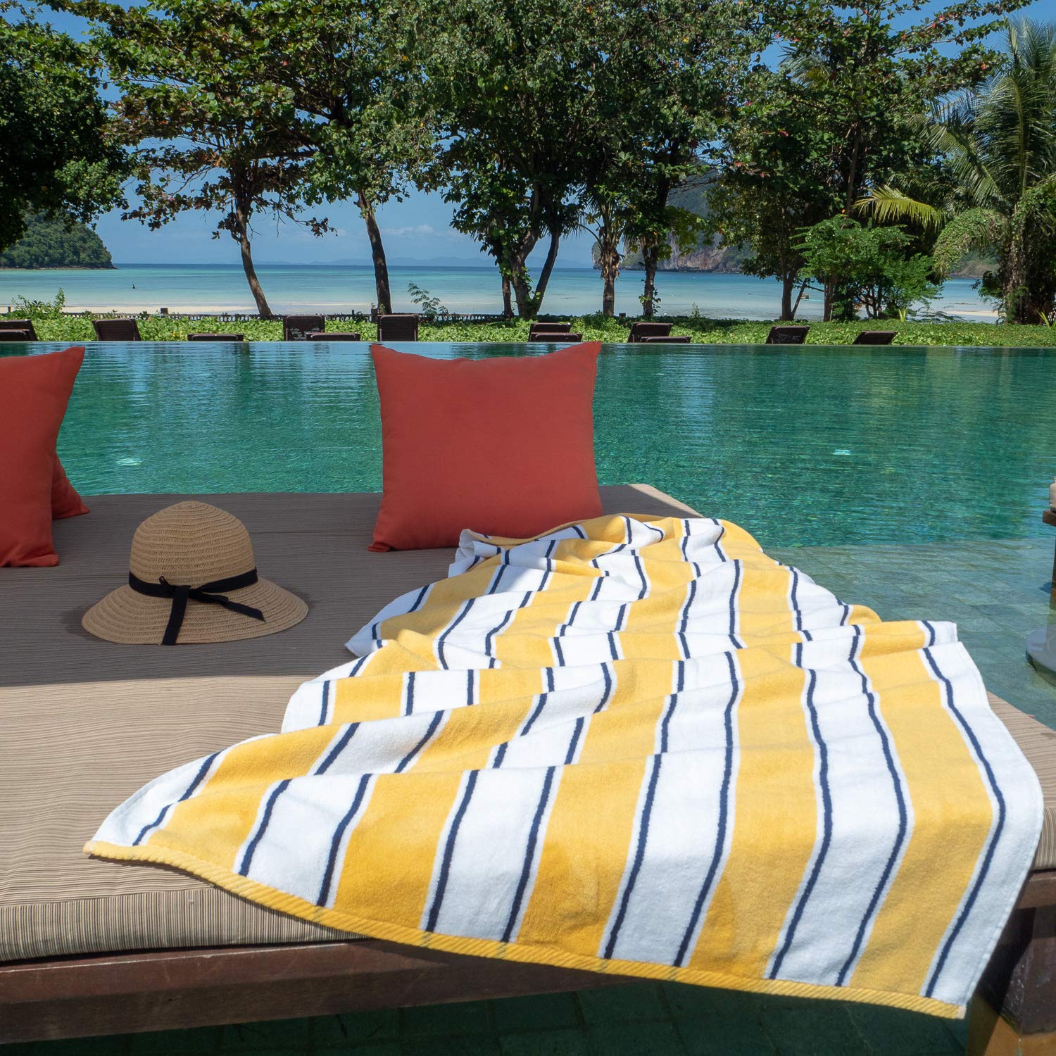 Aston & Arden Striped Beach Towel Set of 8 - Oversized 35x70 Inch Soft Plush 600 GSM Heavy Cotton Towels for Pool, Resort & Hot Tub - Yellow & Navy Stripes - Perfect for Beach Lounging, Vacation Essentials & Spa Days