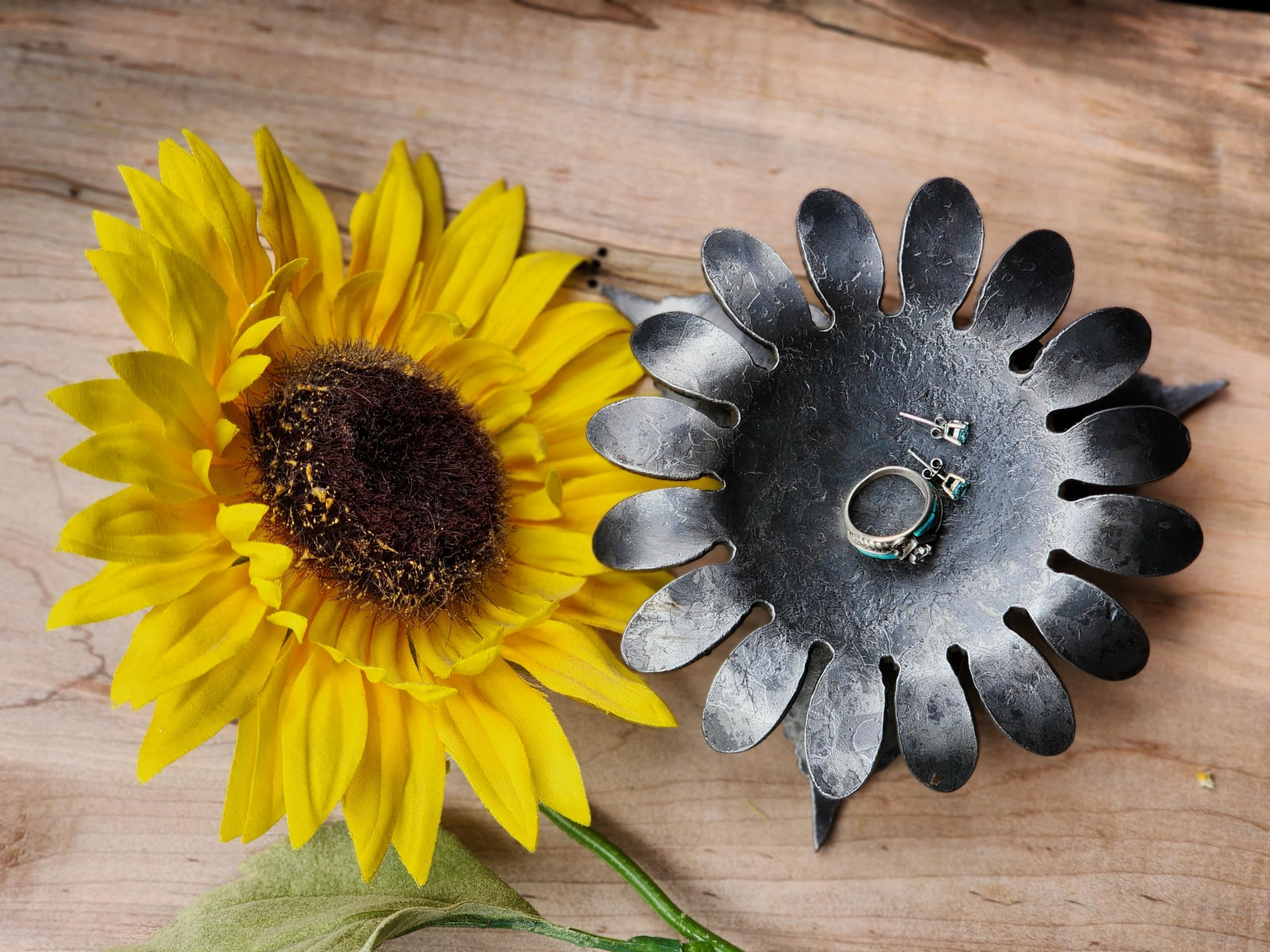 Hand Forged Iron Sunflower Ring Dish - Elegant Jewelry Organizer for Rings, Earrings & Small Accessories | Perfect for Vanity, Dresser & Bathroom Decor