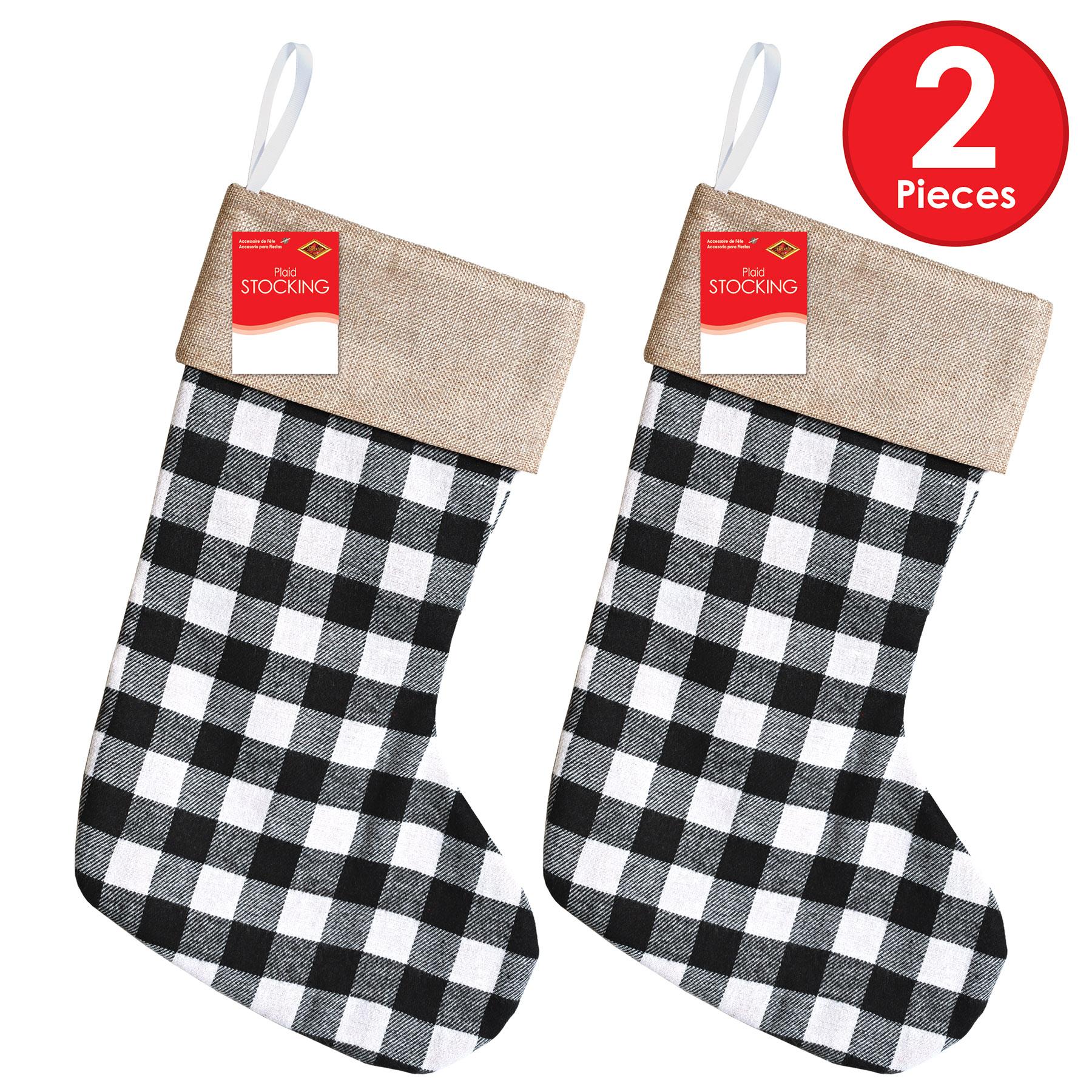 12 Pack Beistle Christmas Black and White Plaid Stockings - Classic Holiday Decor for Fireplace Mantel, Tree, and Festive Home Decorating