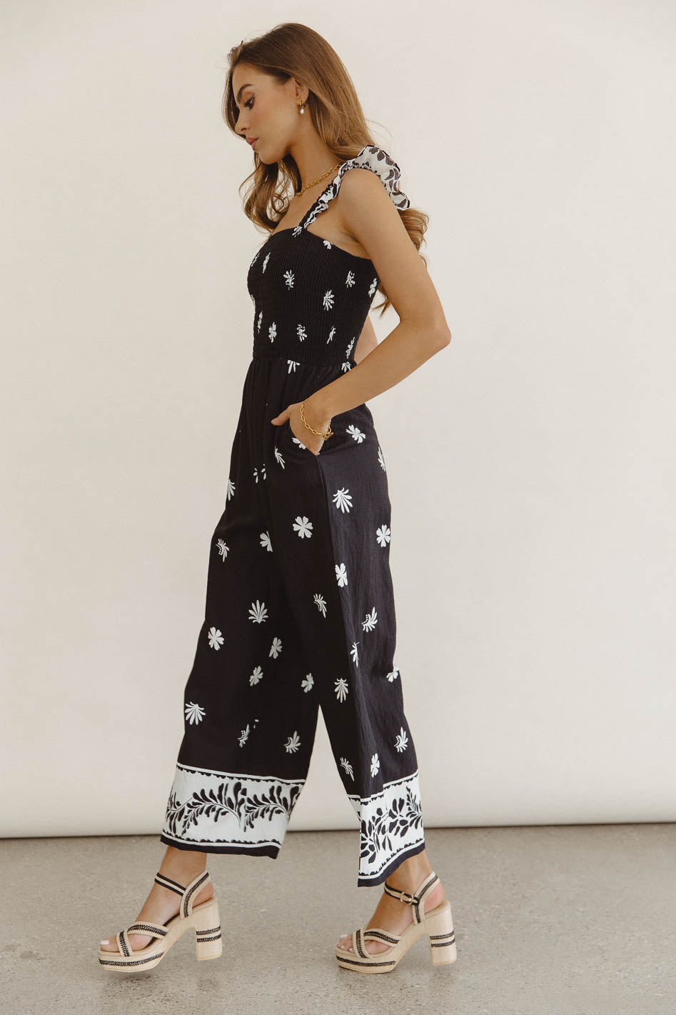 Krista Smocked Jumpsuit for Women - Floral Print Summer Romper with Puff Sleeves | Perfect for Beach Vacations, Brunch Dates & Outdoor Weddings