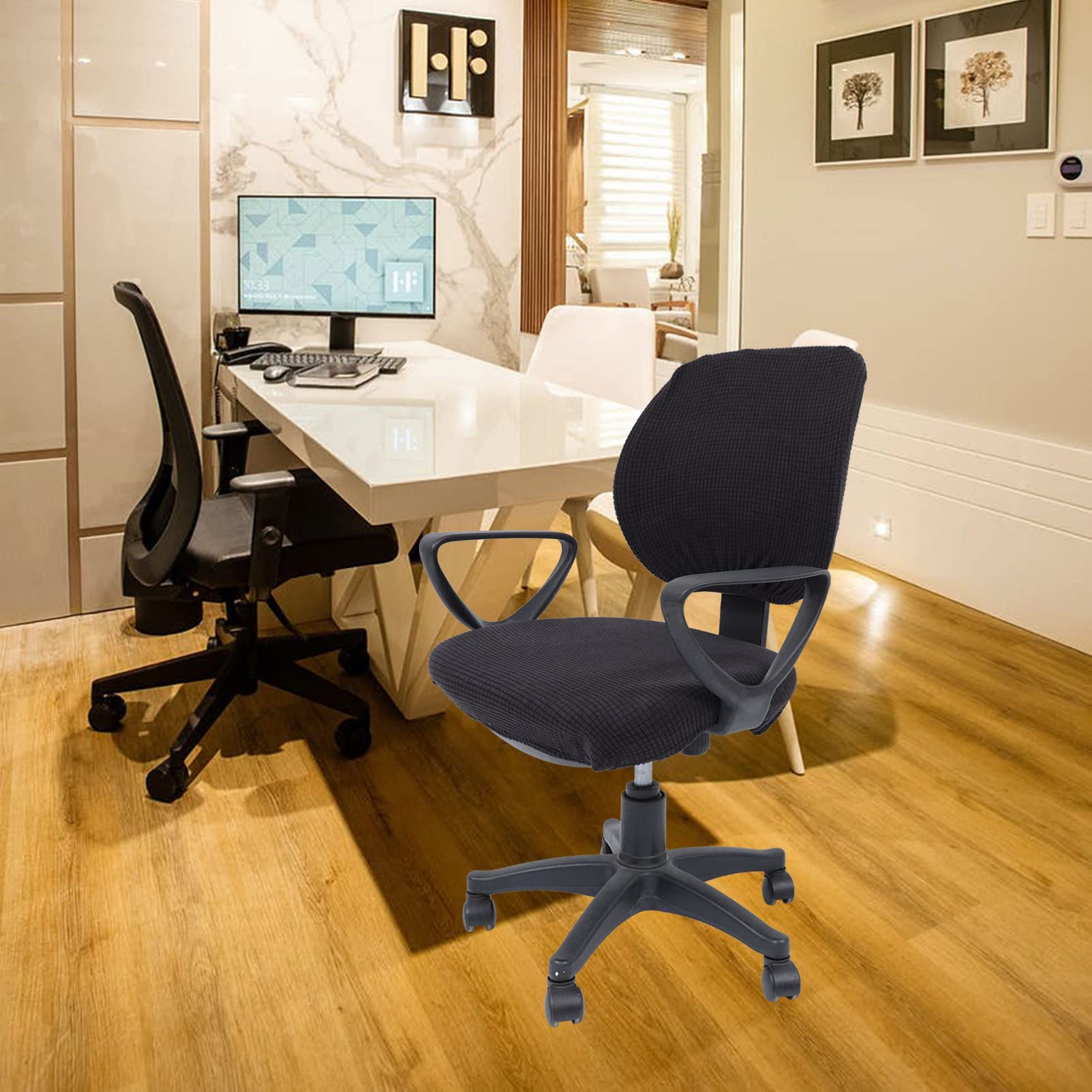 VOSAREA Swivel Accent Chair Cover - Washable & Stretchable Slipcover for Office & Computer Chairs - Removable Protector for Rotating Armchairs - Black Desk Chair Cushion - Perfect for Home Office, Gaming & Study Rooms