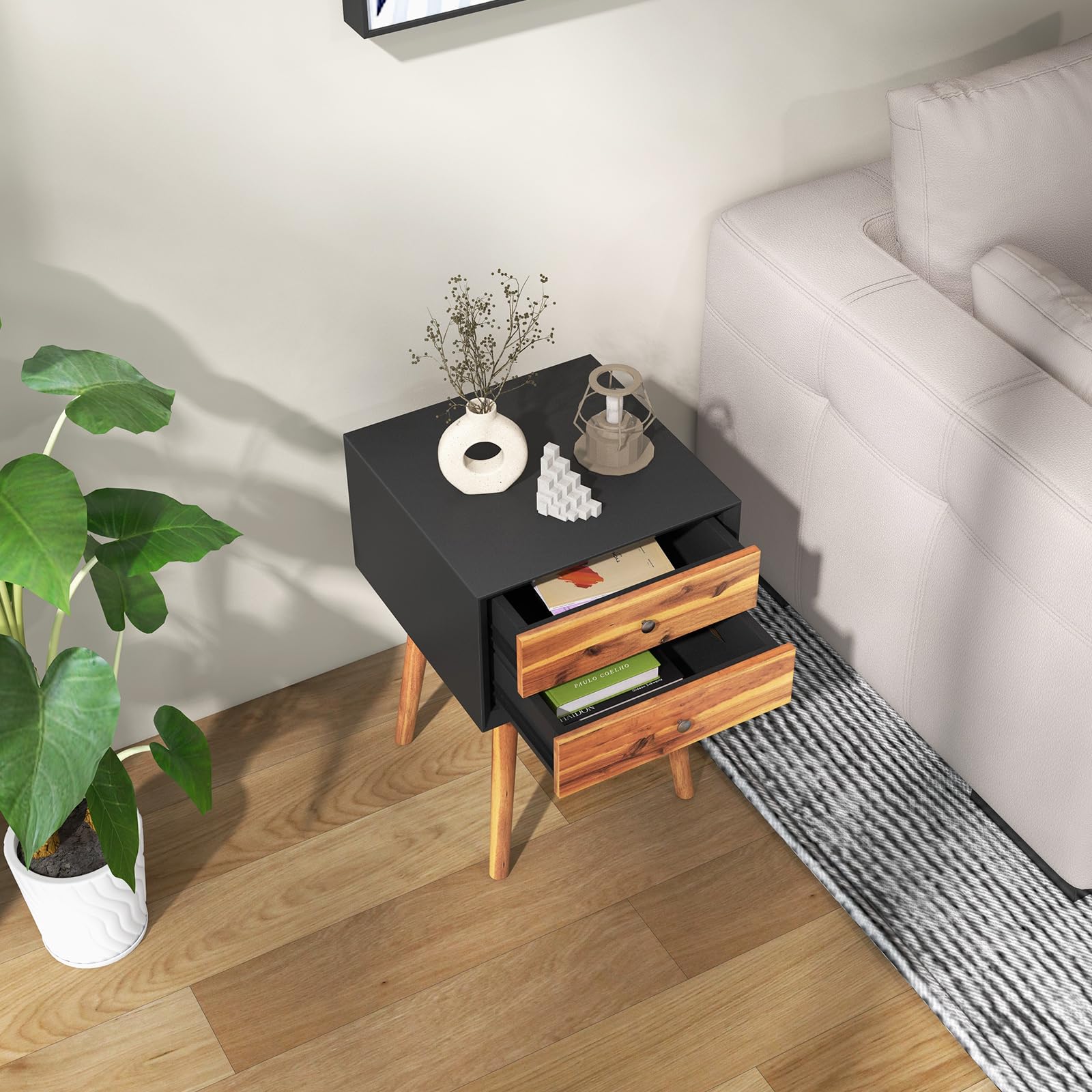 Giantex Mid Century Modern Nightstand with 2 Drawers - Solid Wood Legs Bedside Table - Small Space End Table for Bedroom & Living Room - Black & Walnut Finish - Perfect for Apartment, Dorm, Guest Room & Home Decor