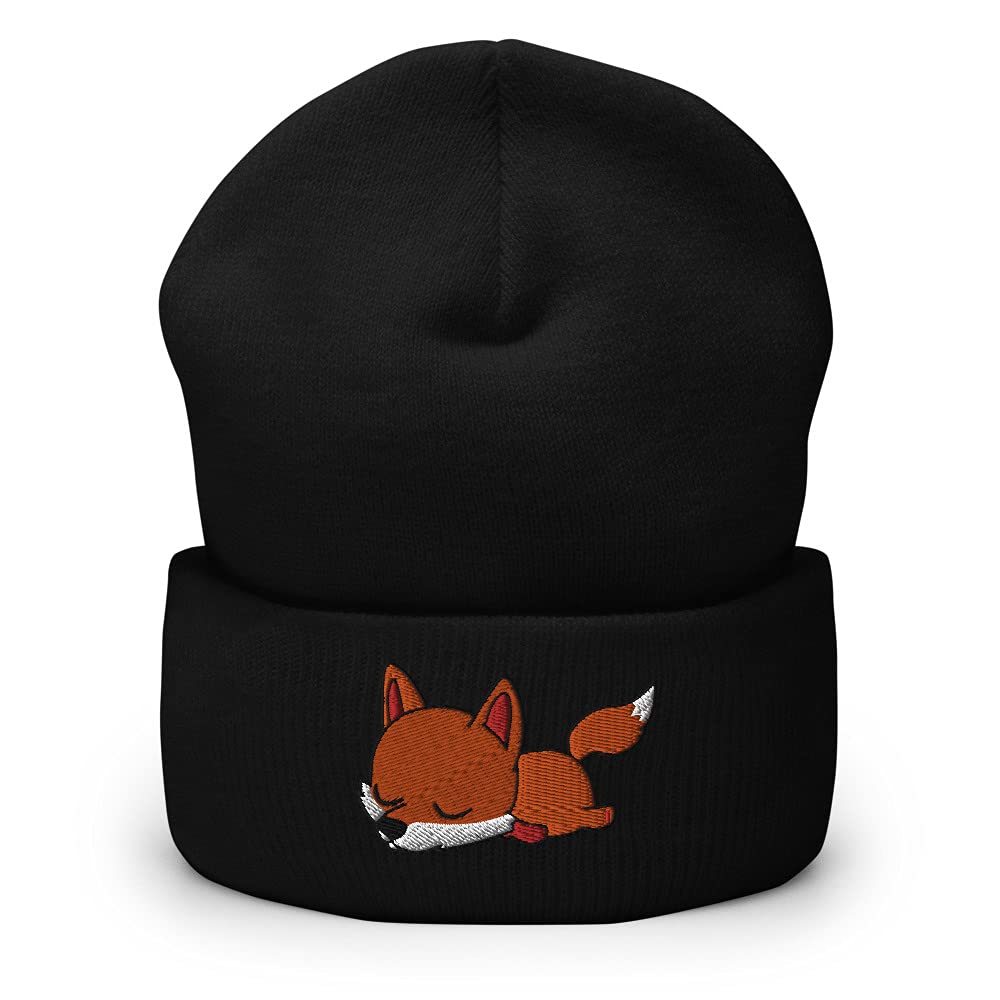 StayPawsome Lazy Fox Beanie - Unisex Adult Winter Hat with Embroidery & Cuffed Design - Black One Size - Cozy Accessory for Outdoor Activities, Skiing & Casual Wear