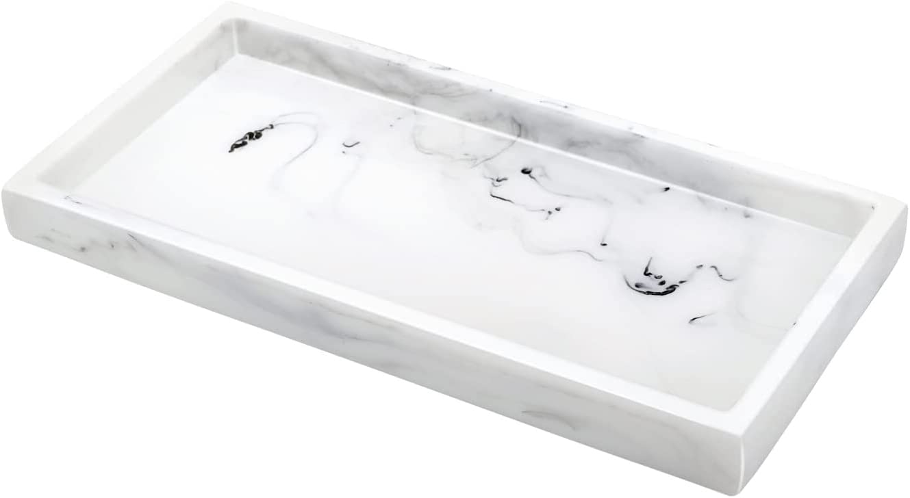 Emibele Resin Bathroom Tray - Elegant Marble White Vanity Organizer for Soap, Candles, Jewelry & Cosmetics | Countertop Storage Solution for Bathroom, Kitchen & Dresser | Perfect for Home Decor & Gift Giving