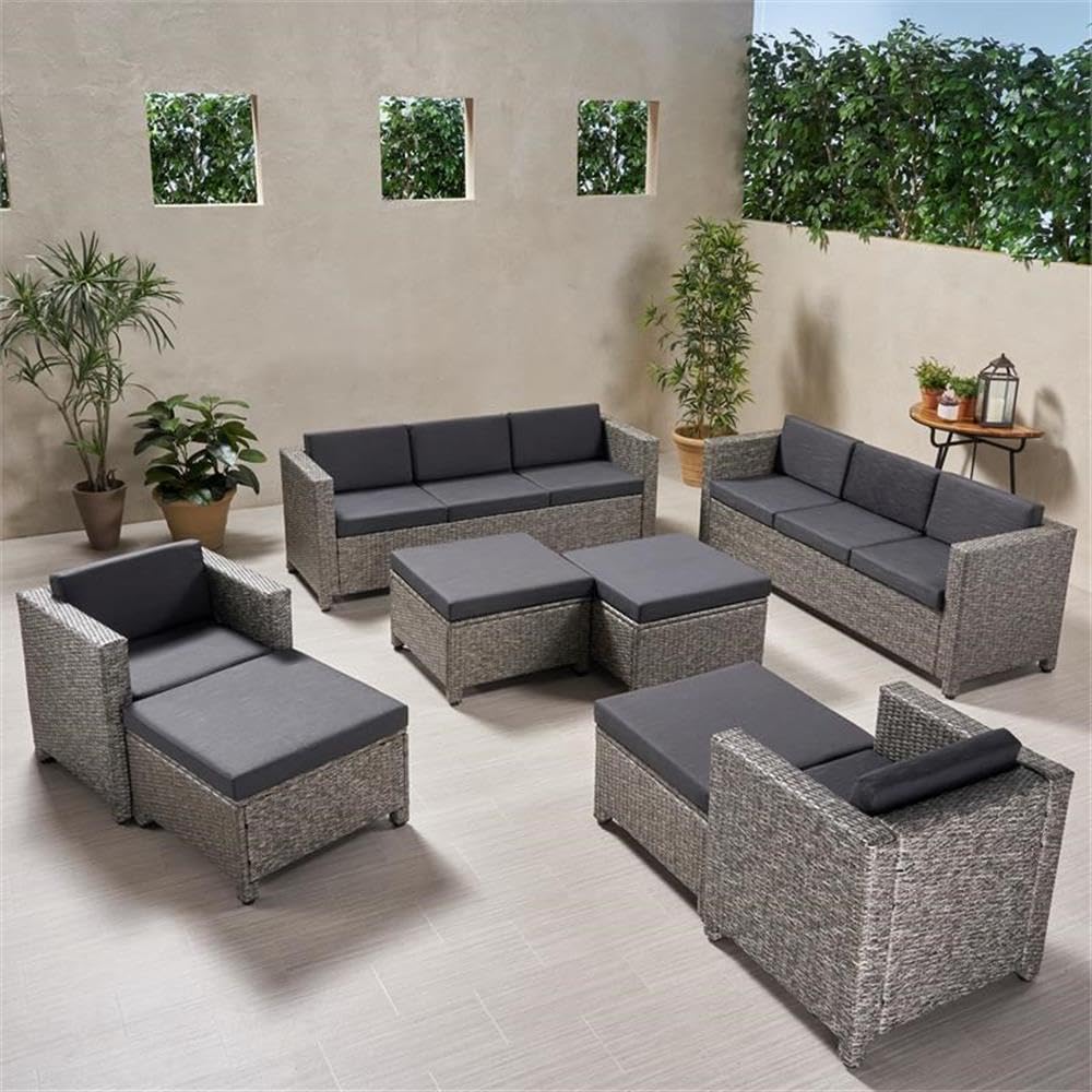 Noble House Puerta Outdoor 8-Piece Patio Conversation Set with 2 Side Tables - Weather-Resistant Brown Wicker Furniture for Garden, Poolside or Backyard Relaxation