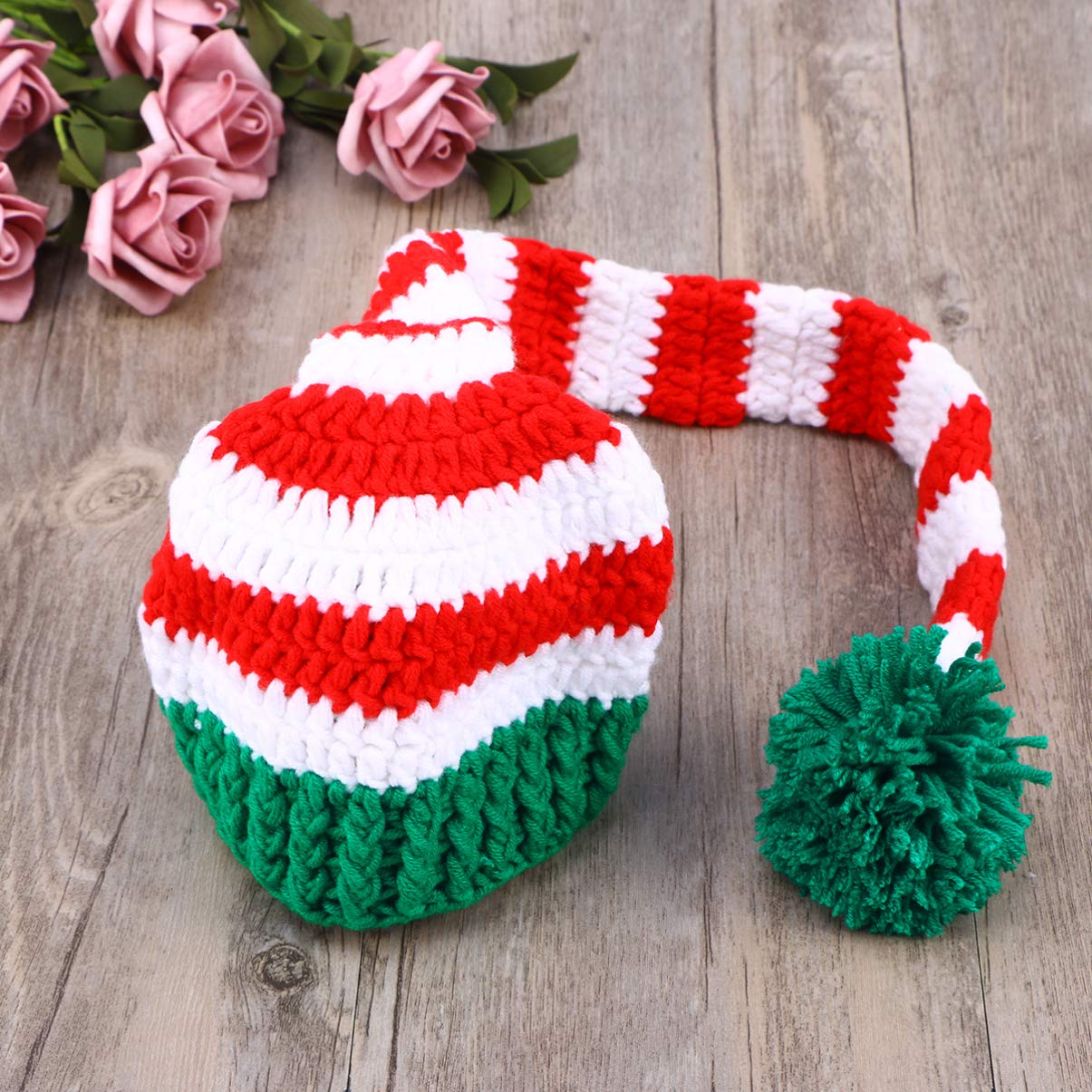 Baby Christmas Long Tail Crochet Beanie Knit Hat - Newborn Photoshoot Prop & Stocking Cap for Holiday Pictures, Winter Newborn Photography, Xmas Gift & Seasonal Accessories