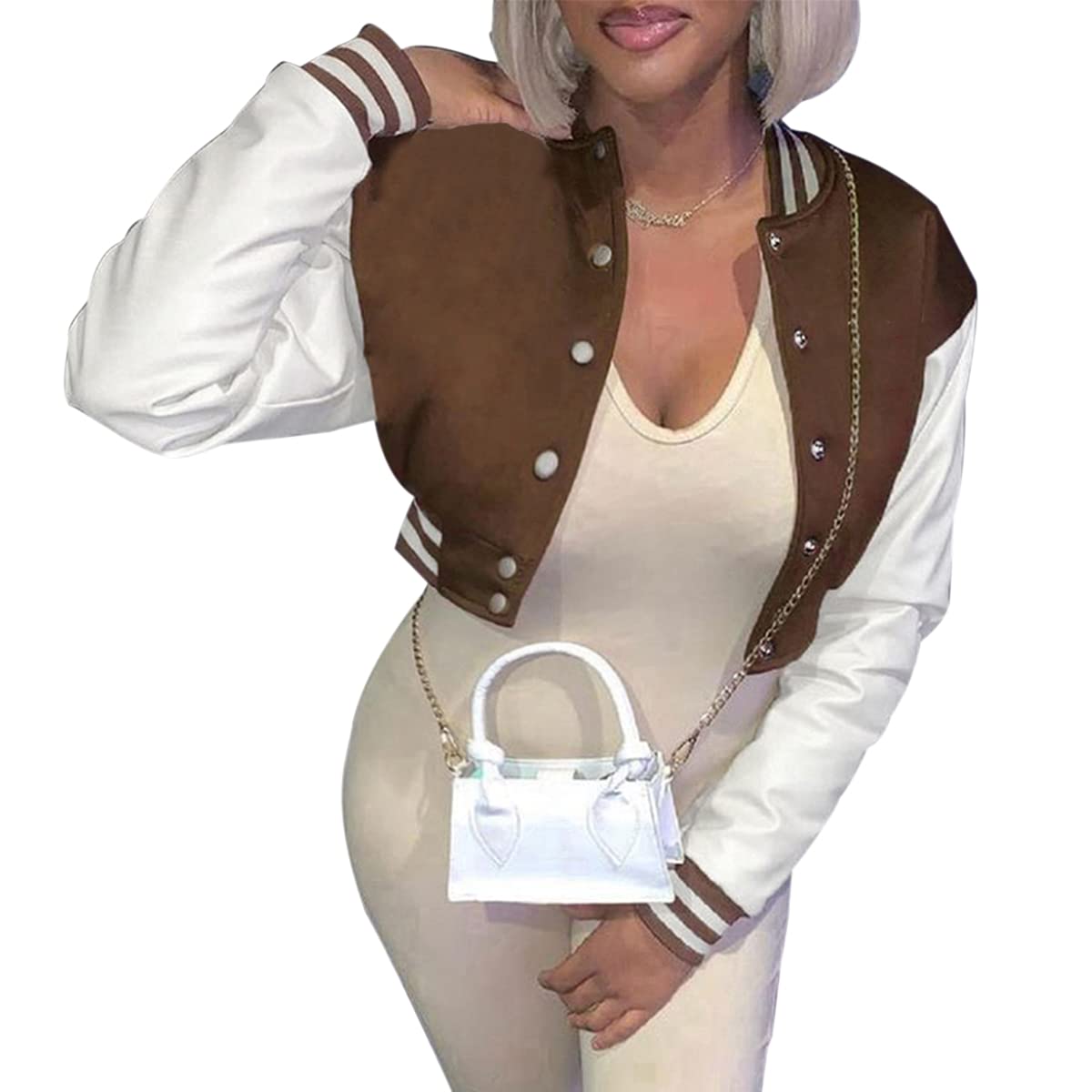 KIRJAUDU Women's Colorblock Patchwork Varsity Baseball Jacket - PU Leather Sleeve Cropped Bomber Coat for Casual Wear, Street Style & College Fashion