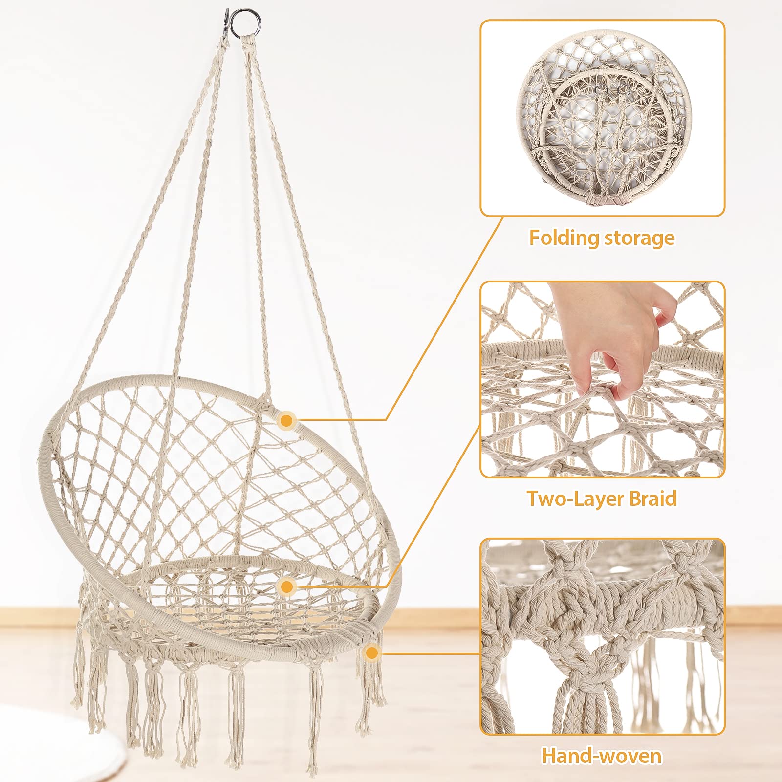 Bohemian Style Macrame Hammock Chair Swing Set of 2 - Handmade Knitted Cotton Rope Hanging Chair with Tassels for Indoor Outdoor Use (Bedroom, Patio, Garden) - Supports Max 330 lbs - Beige & Black - Perfect for Relaxation, Meditation and Boho Home Decor