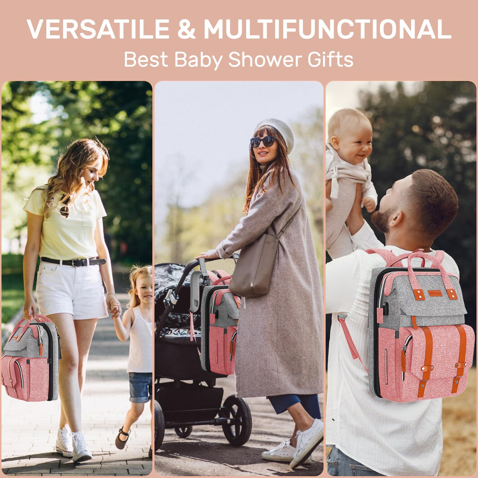 Waterproof Diaper Backpack with Insulated Bottle Pockets & Foldable Changing Pad - Large Multifunctional Baby Bag for Travel, Daycare & Outings (Pink & Gray)