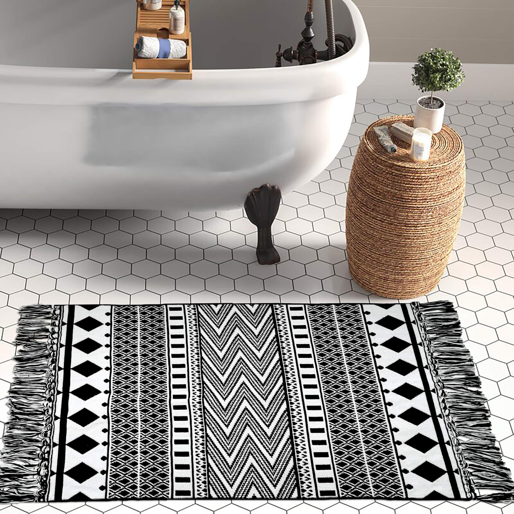 Upgraded Boho Bathroom Rug 2'x3' - 100% Woven Cotton Geometric Bath Mat for Bedroom, Kitchen, Laundry - Black and White Bohemian Washable Throw Rug with Tassels - Perfect for Bathroom, Doorway, Porch & Home Decor