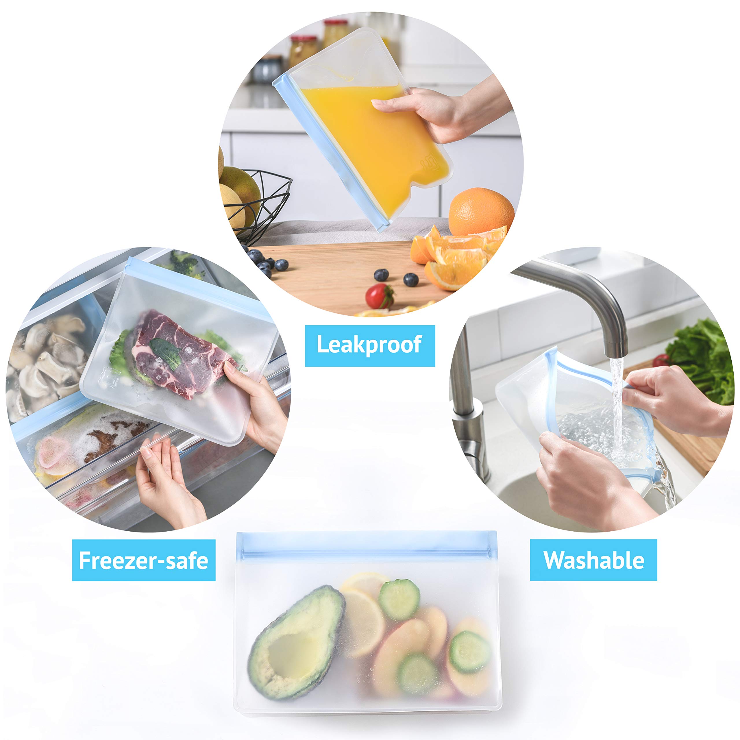 Premium Reusable Storage Bags Set of 10 - Leakproof Freezer Safe for Lunch & Snacks