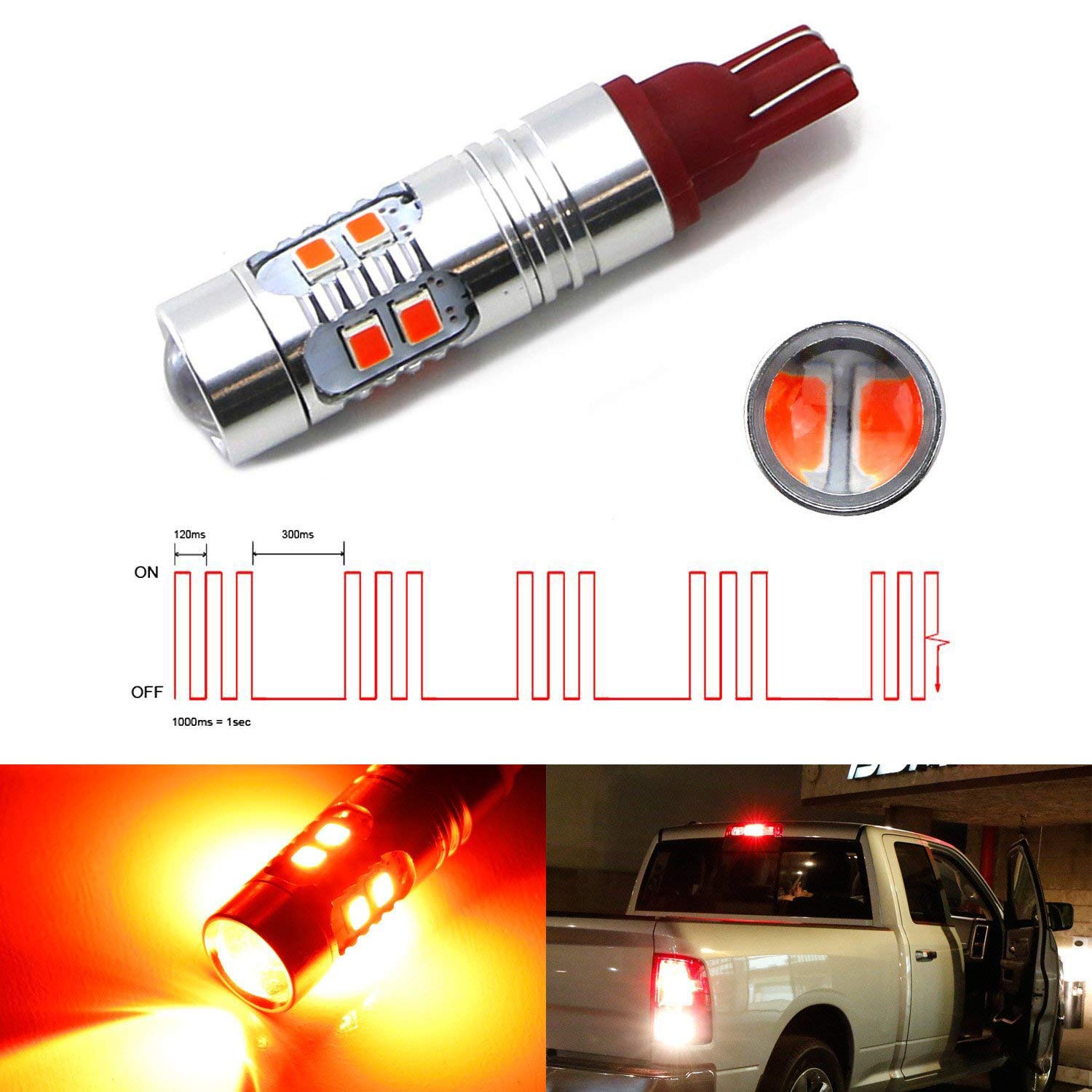 High-Intensity Strobe/Flashing Red 921 912 LED Bulb for Truck 3rd Brake Light - Durable, Bright Safety Light for Enhanced Visibility in Fog, Rain, or Night Driving