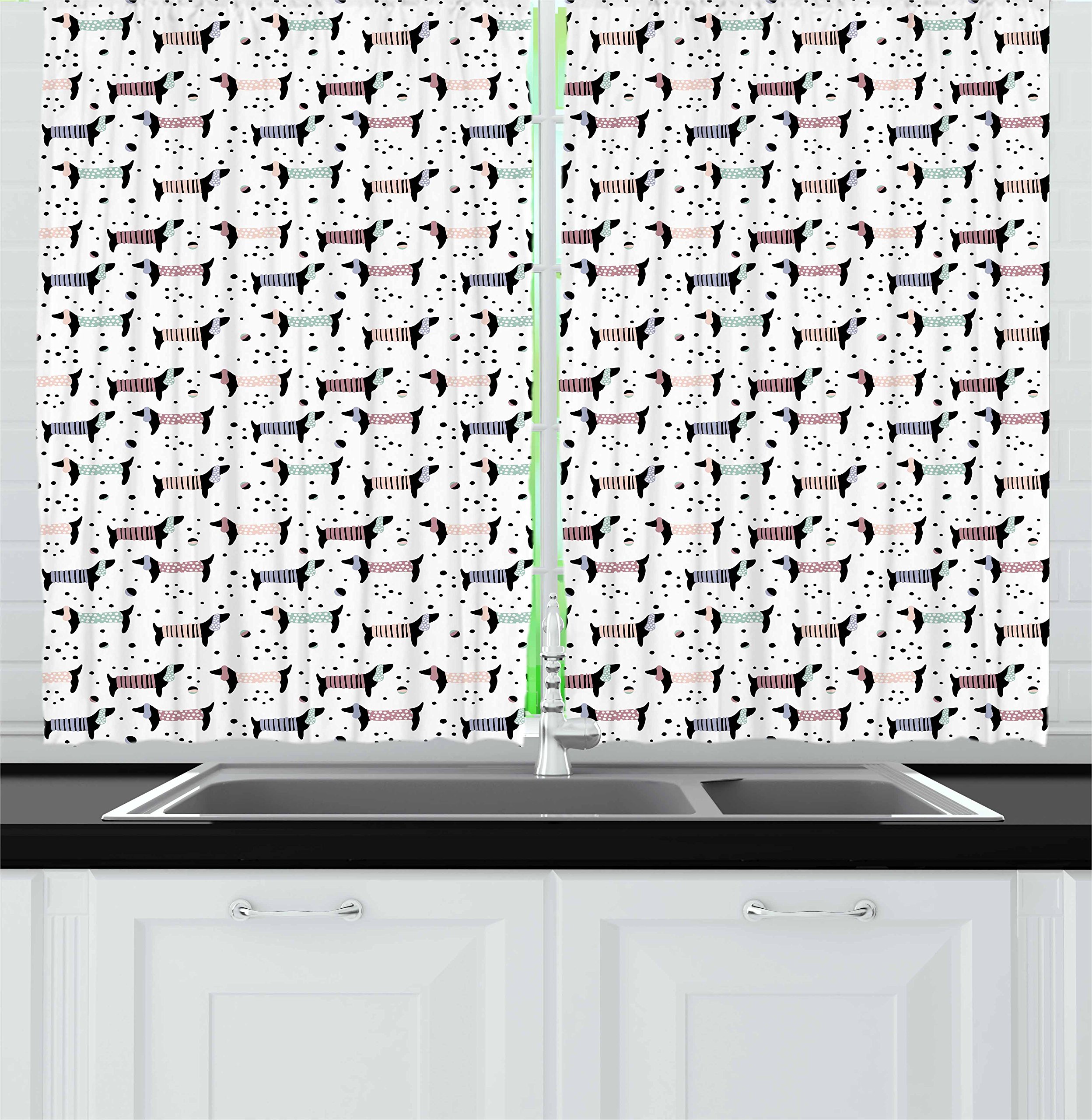 Ambesonne Dog Kitchen Curtains - Hand Drawn Dachshund Silhouette Design on Black & White Dotted Background, 2 Panel Window Drapes Set (55