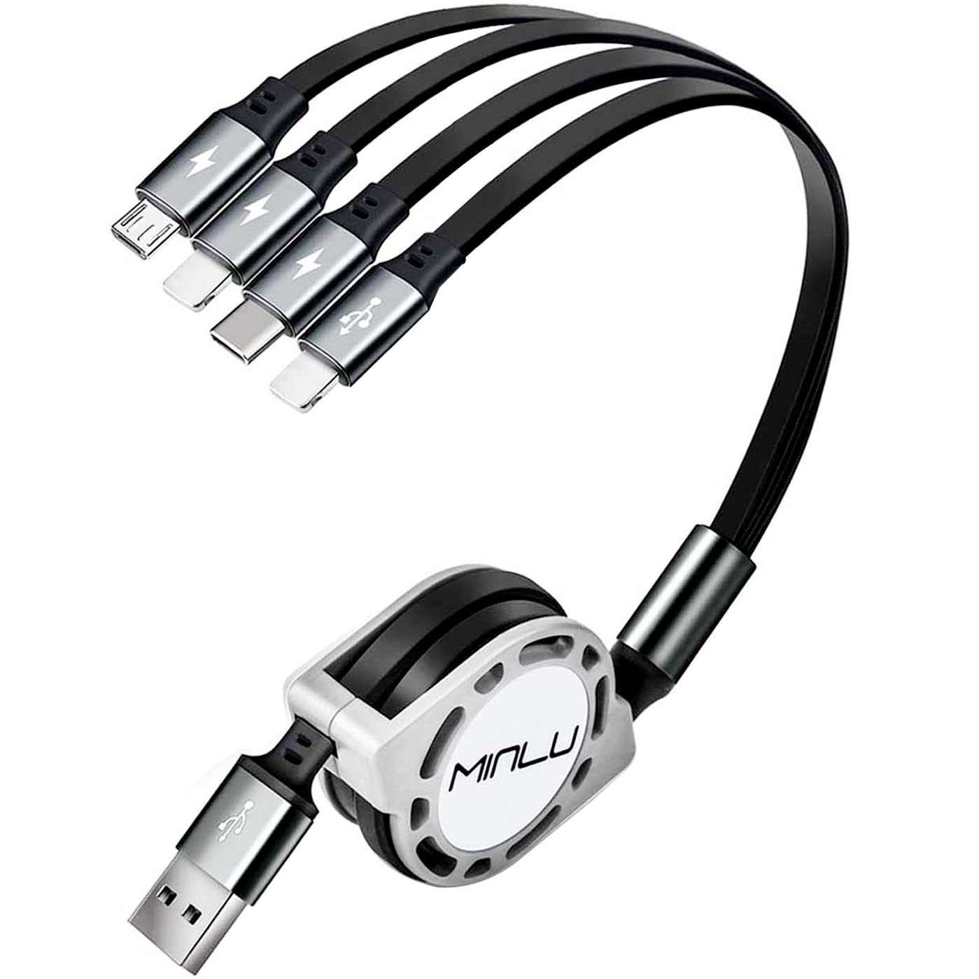 Minlu 4-in-1 Retractable Fast Charging Cable [4A 1.2M] - USB C/Micro/iPhone Compatible Charger for iPhone 16/15/14/13/12/11, Huawei, Galaxy, Pixel, Sony & Tablets | Perfect for Travel, Office & Home Charging