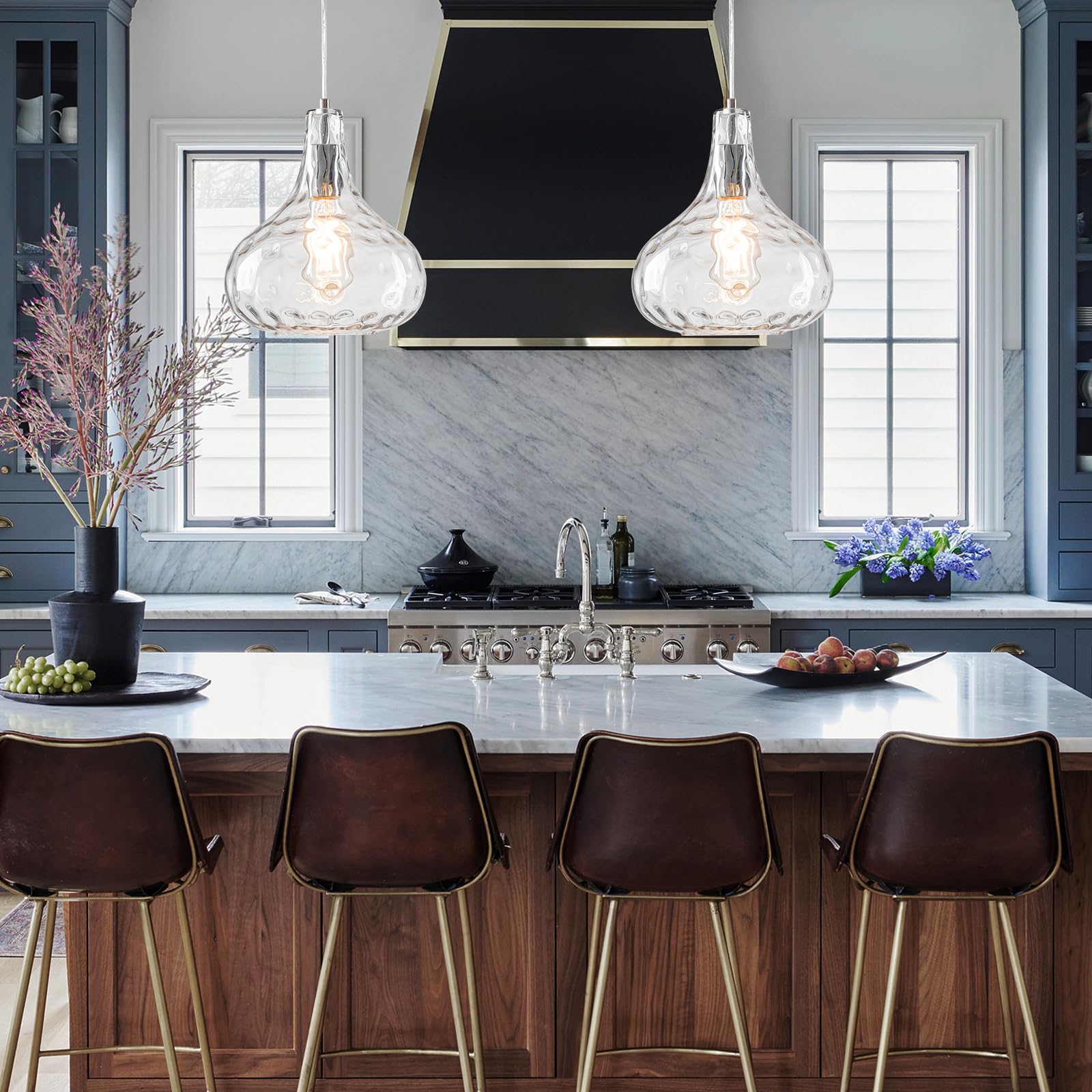 Hammered Clear Glass Pendant Light - Adjustable Ceiling Fixture for Kitchen, Dining Room & Living Room (2-Pack) | Modern Lighting for Home Decor & Commercial Spaces