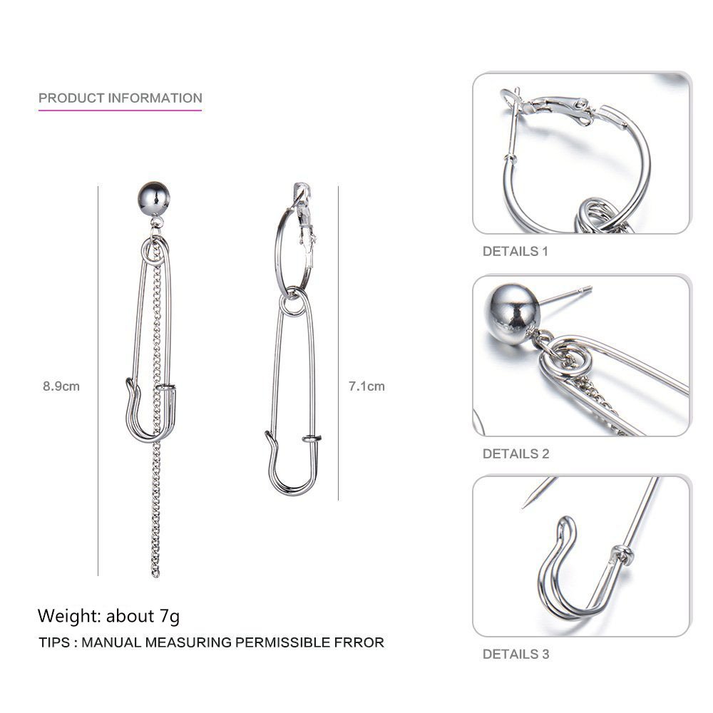 Stylish Long Tassel Asymmetric Safety Pin Chain Drop Earrings for Women & Men - Punk U-Shaped Dangle Earrings for Parties, Concerts & Gothic Fashion