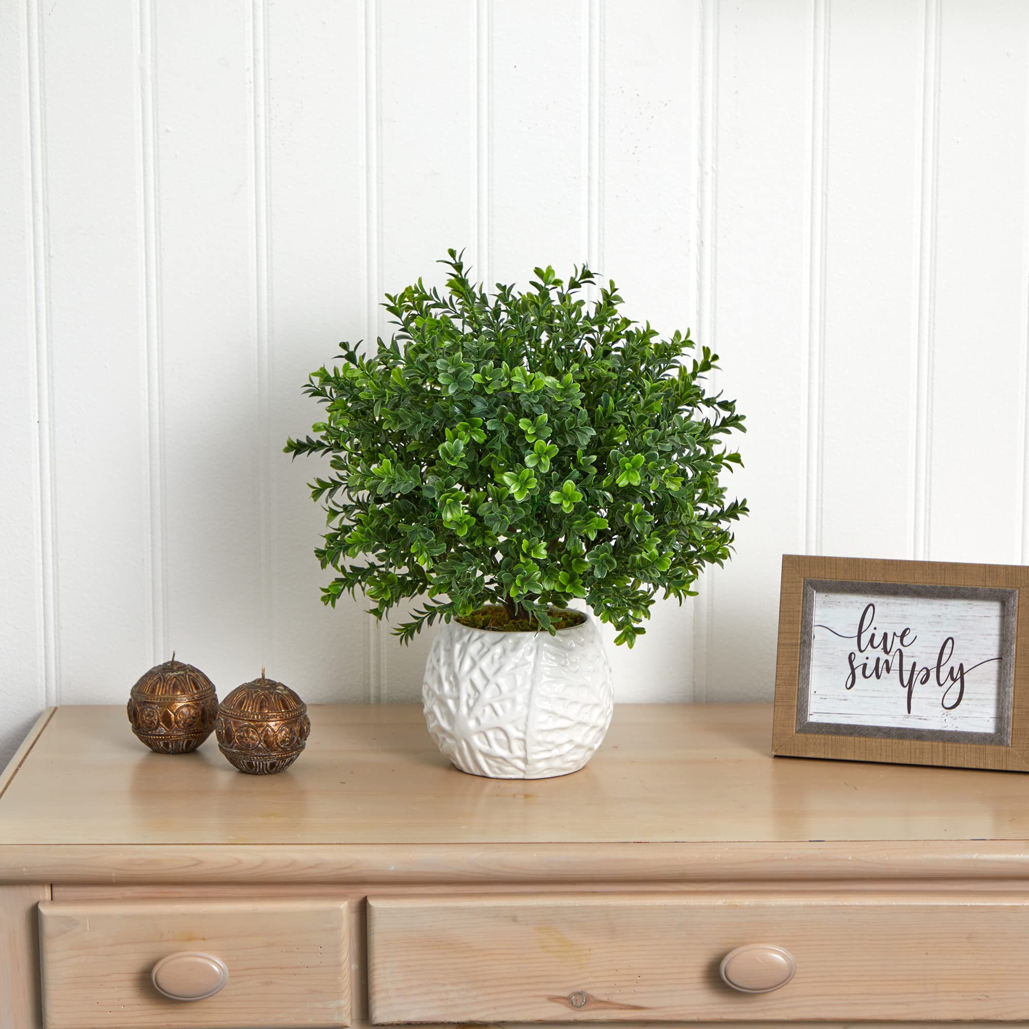 Nearly Natural Boxwood Evergreen Artificial Plant in White Vase - Indoor/Outdoor Fake Plant for Home, Office, Patio & Garden Decor - Perfect for Living Room, Porch, Wedding Centerpiece & Commercial Spaces
