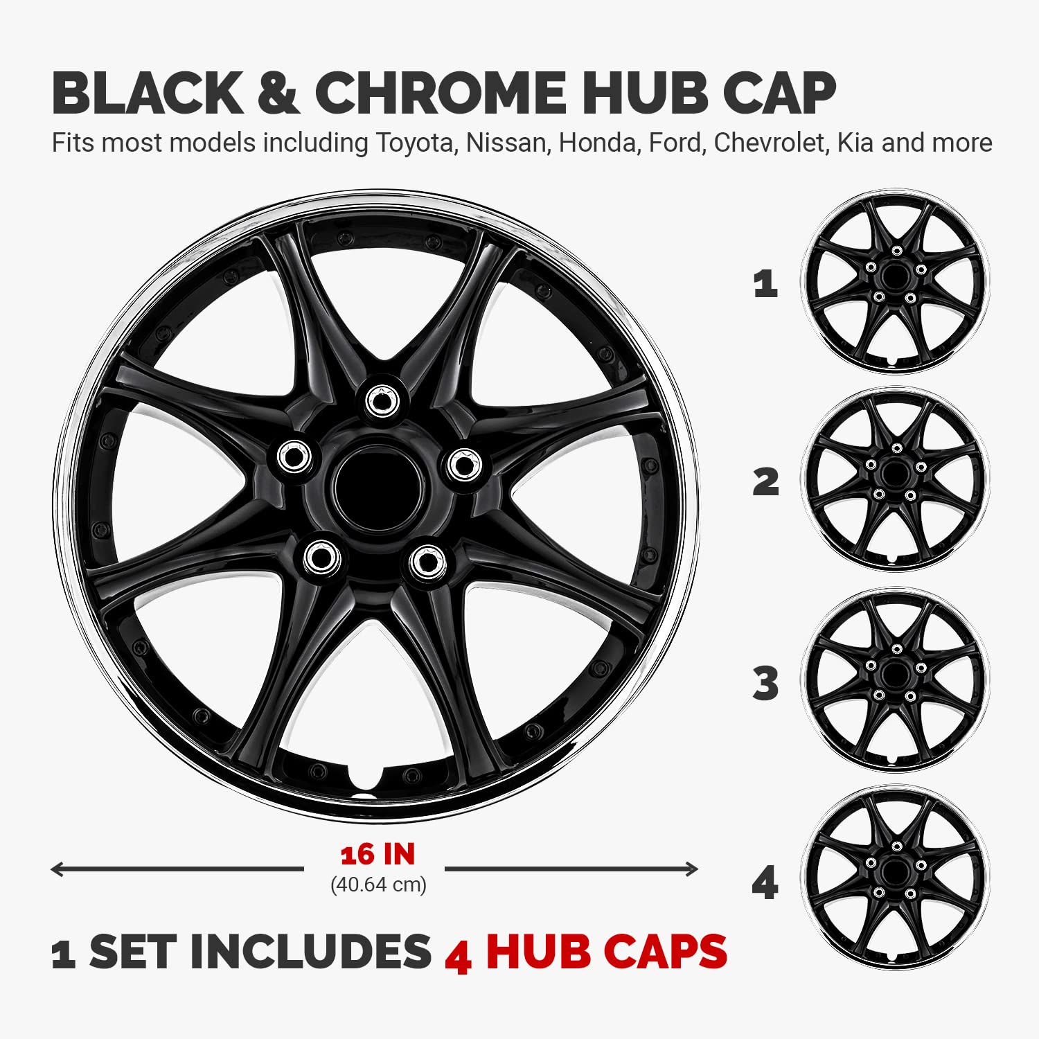 Pilot Automotive WH522-16C-B-AM 16 Inch Universal Hubcap Wheel Covers - Black & Chrome (Set of 4) - Fits Most Cars - Perfect for Replacement, Protection & Style Enhancement
