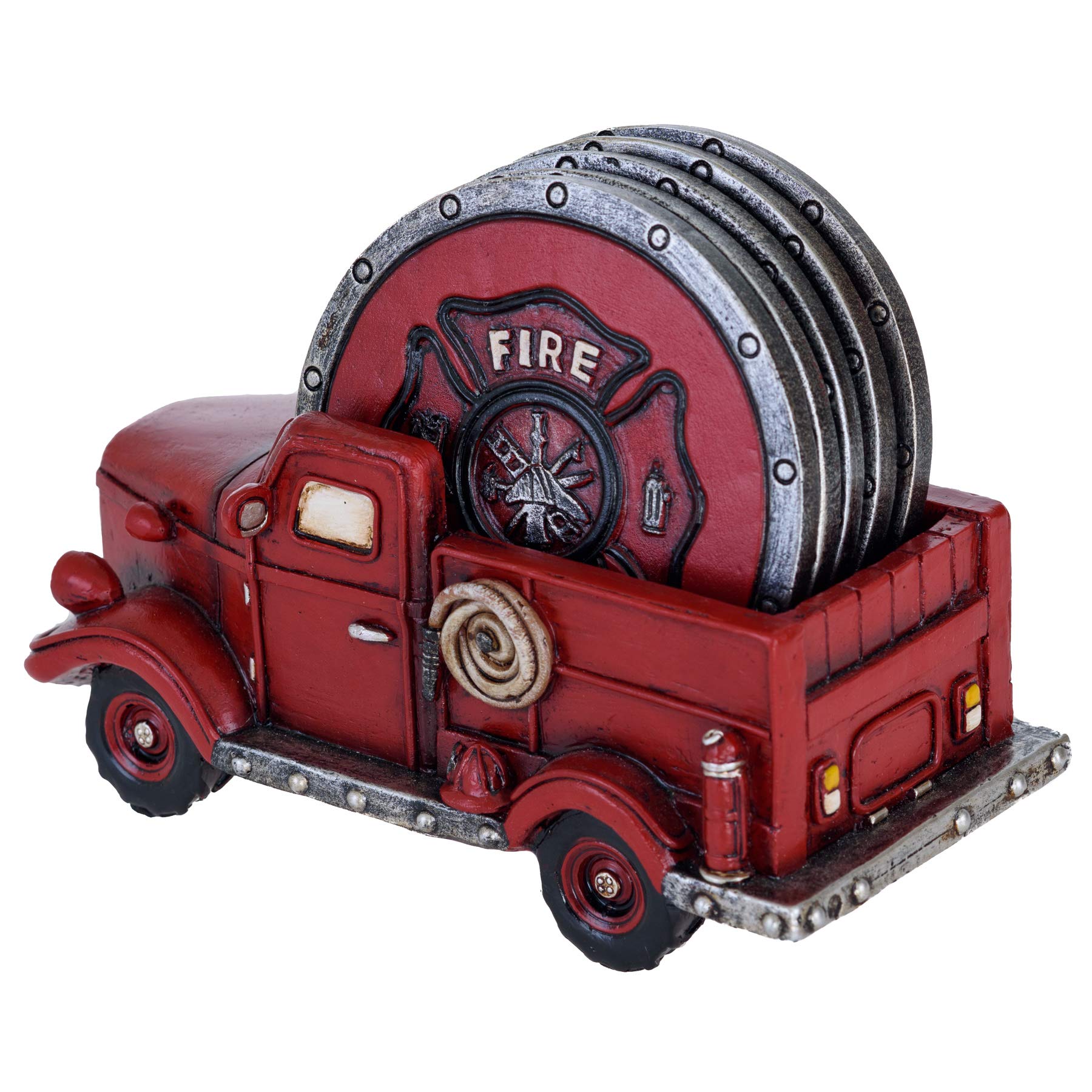 Fire Truck Coaster Set of 5 - Firefighter Themed Absorbent Kitchen & Dining Table Coasters with Holder - Rustic Home Decor for Living Room, Bar, Office - Perfect Gift for Firefighter Enthusiasts