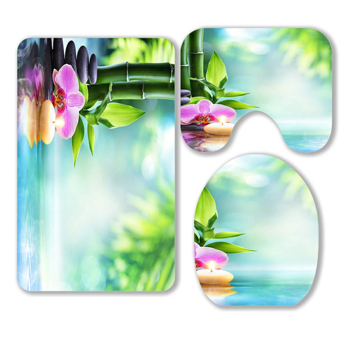 ECZJNT Spa Candle Stone Bamboo 3-Piece Bathroom Rug Set - Non-Slip Contour Mat & Toilet Lid Cover - Natural Water-Themed Decor for Relaxing Bathroom Retreat
