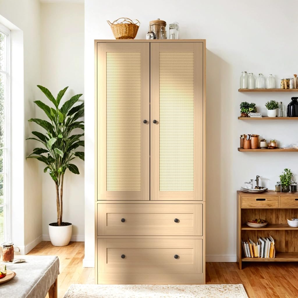 Rattan Oak Kitchen Pantry Cabinet with Doors & Drawers - 64.2