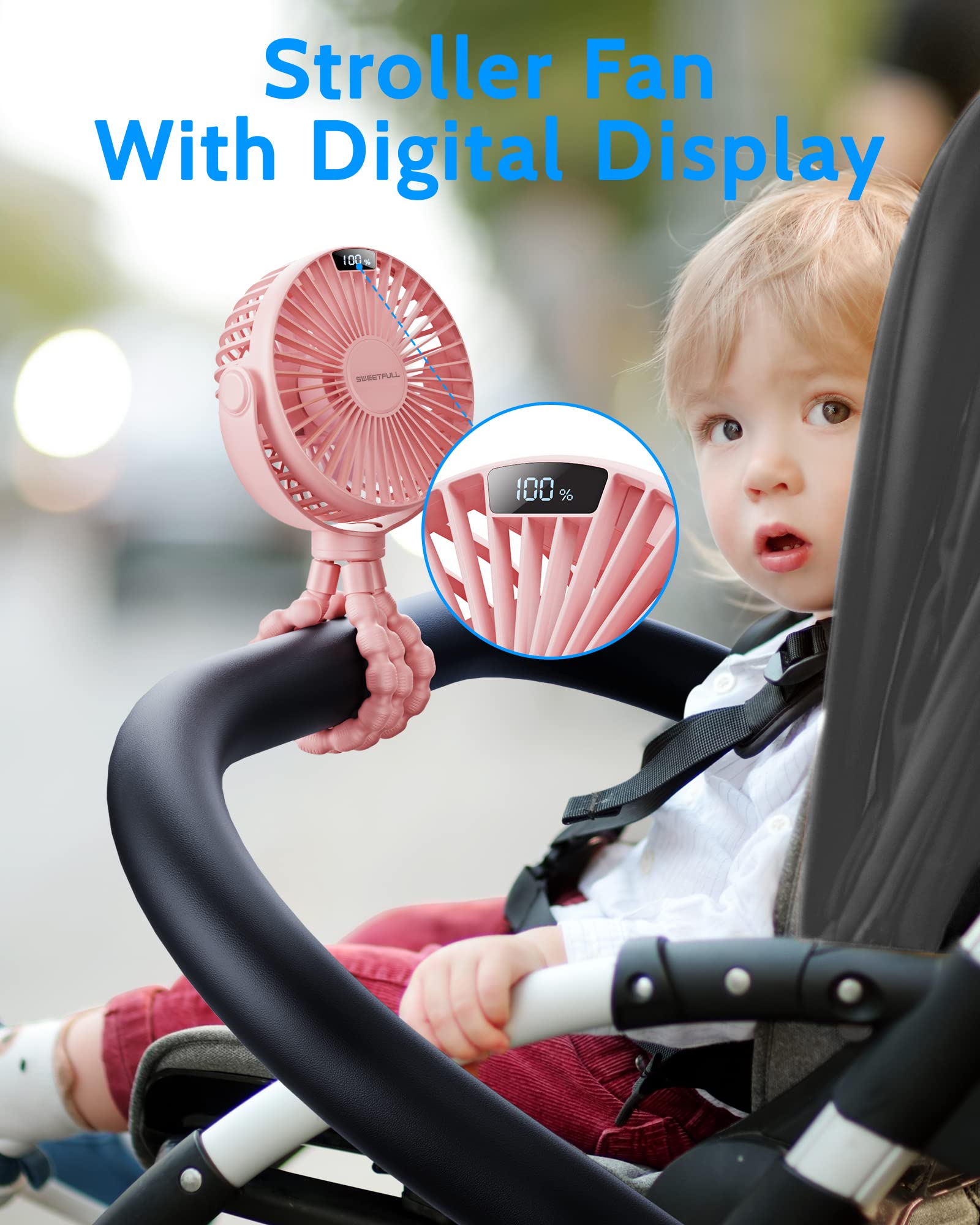 SWEETFULL Portable Stroller Fan with LED Display - 4000mAh Rechargeable Battery, 4 Speed Mini Clip Fan - Handheld Personal Cooling Fan for Baby Stroller, Car Seat, Crib, Office Desk, Treadmill & Travel - Pink (Ideal for Outdoor Activities, Home & Office Use)