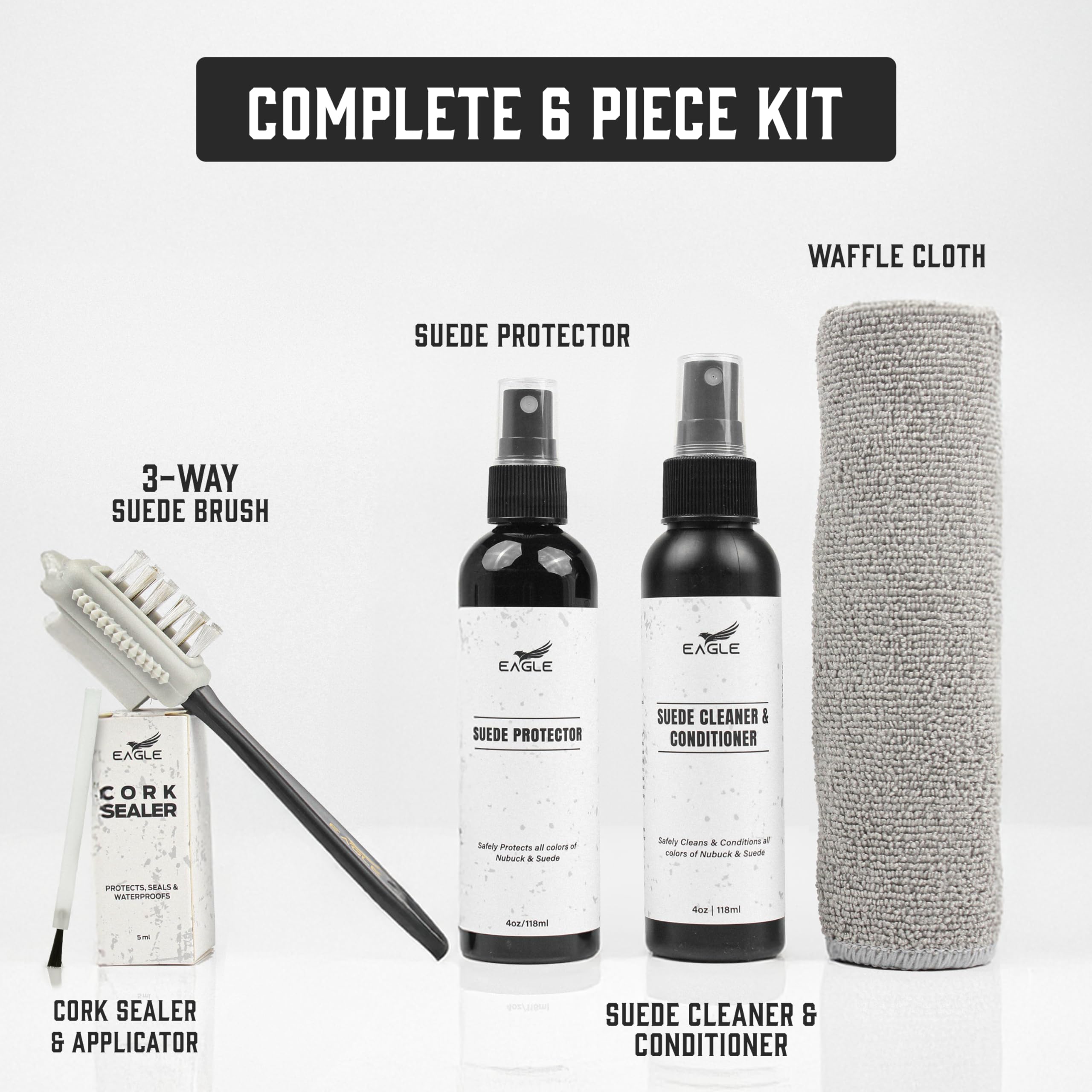 **Eagle Sandal & Clog Complete Care Kit – Compatible with Birkenstocks – Suede & Nubuck Cleaner, Conditioner, Protector, Cork Sealer, 3-Way Brush, Eraser & Microfiber Cloth – Perfect for Sandals, Clogs & Footwear Maintenance**    *(Use for cleaning, conditioning, and protecting suede, nubuck, and cork materials to extend the life of your favorite sandals and clogs.)*