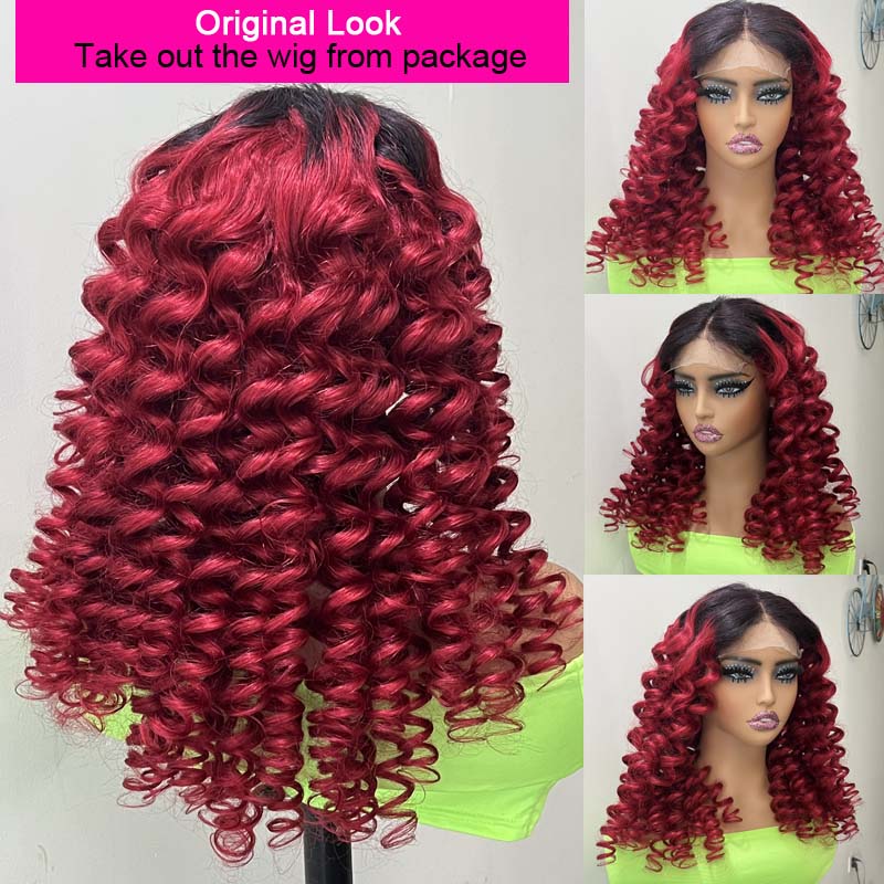 Eullair Ombre 1B/99J Burgundy Loose Wave Human Hair Wig with Lace Frontal for Women - Natural Looking Wigs for Daily Wear, Parties & Special Occasions