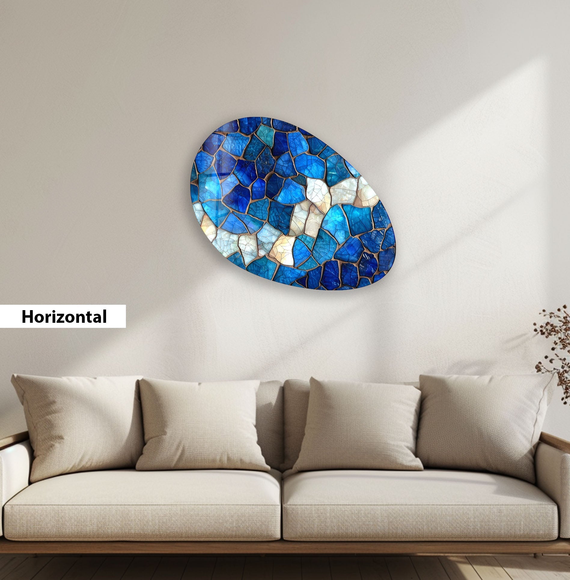 Blue Stained Decorative Oval Glass Wall Art - Handcrafted Modern Home Decor for Living Room, Bedroom & Office