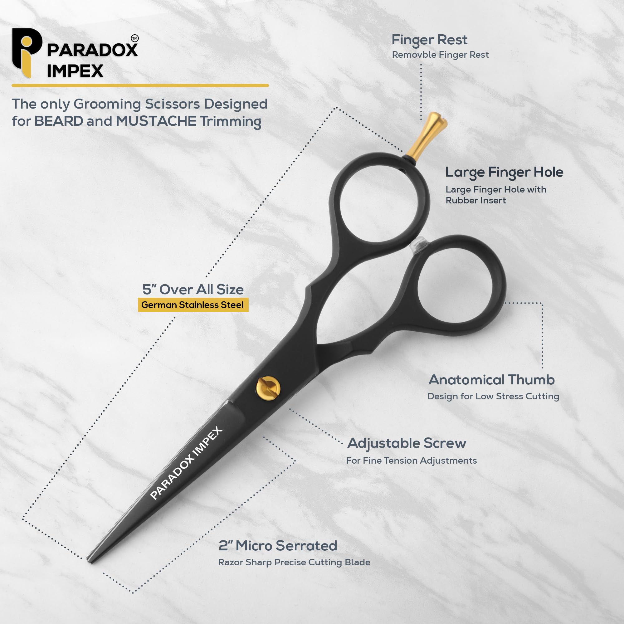 5” Professional Beard and Mustache Scissors Set - German Stainless Steel Hair Trimming Scissors with Tweezers, Beard Comb, Mustache Comb & Travel Pouch - Grooming Kit for Men’s Facial Hair Care (Black) - Perfect for Home Barbering, Travel & Daily Grooming Routine