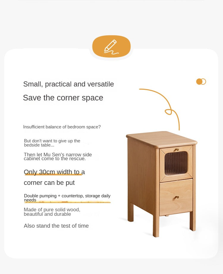 Solid Beech Wood Ultra Narrow Nightstand - Compact Bedside Table for Small Spaces, Perfect for Apartments, Dorms & Cozy Bedrooms