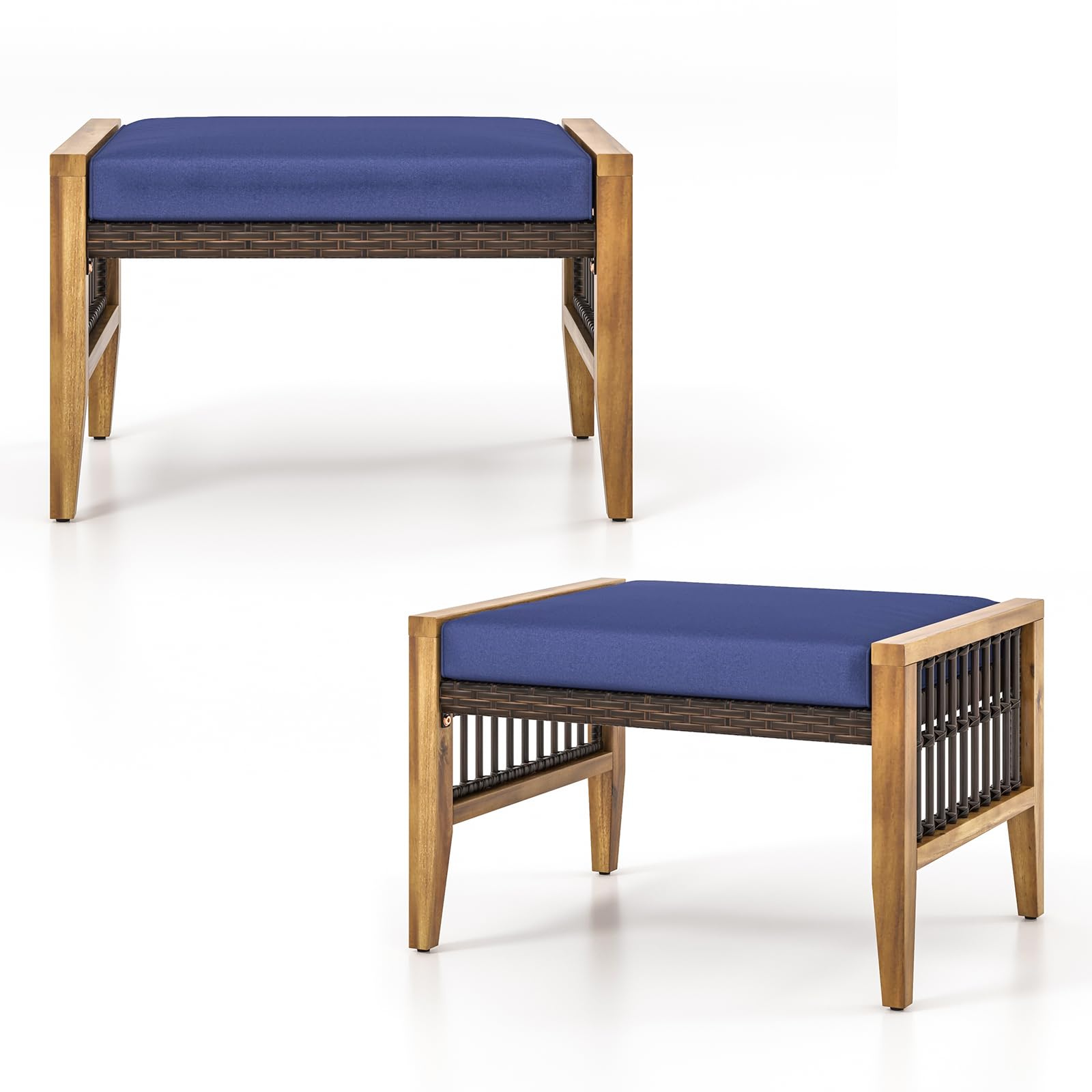 HAPPYGRILL 2-Piece Acacia Wood Outdoor Ottoman Set with Removable Cushions - Wicker Patio Footstool & Footrest, Navy Blue - Perfect for Poolside, Garden, Deck, and Backyard Relaxation