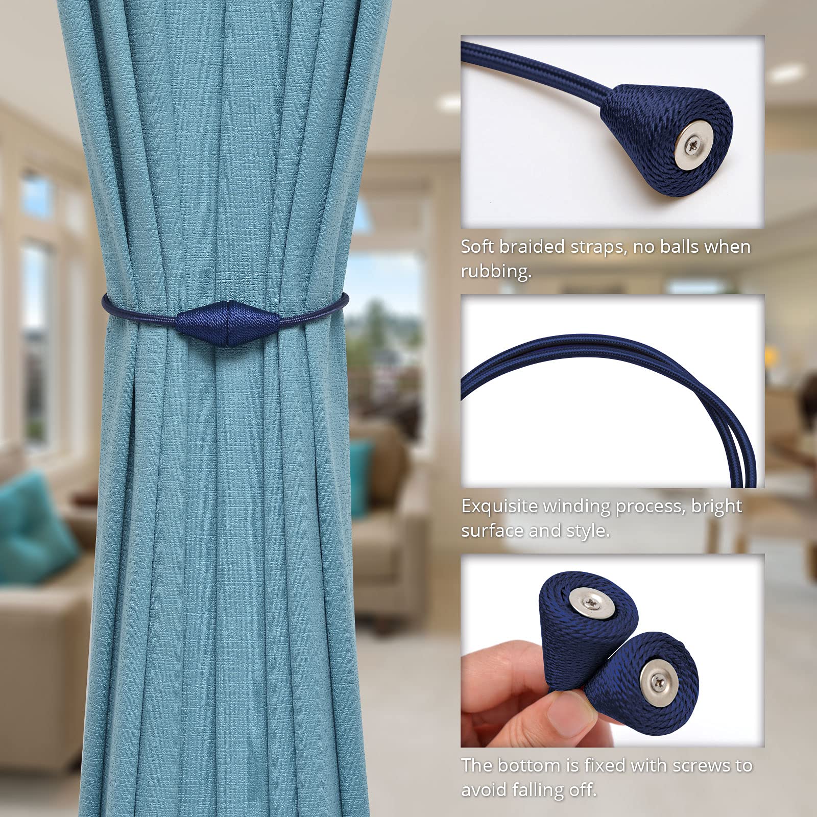 Upgraded Magnetic Curtain Tiebacks 4-Pack - 16 Inch Handwoven Rope Drapery Holdbacks for Windows, Dark Blue | Decorative Cone Design for Home & Office Drapes | Perfect for Living Rooms, Bedrooms & Office Spaces