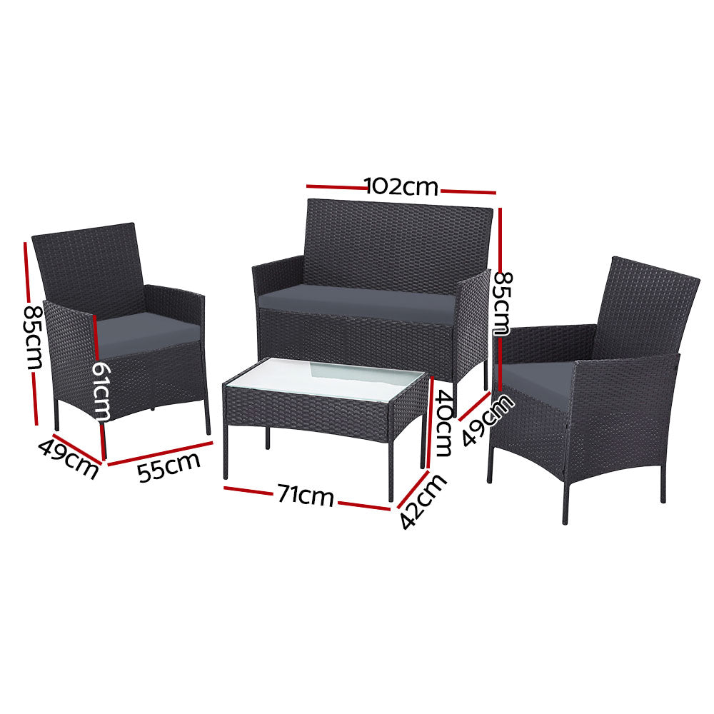 4-Seater Outdoor Patio Sofa Set with Storage Cover, Wicker Table & Chairs - Dark Grey - Perfect for Backyard, Garden, Poolside & Terrace Relaxation
