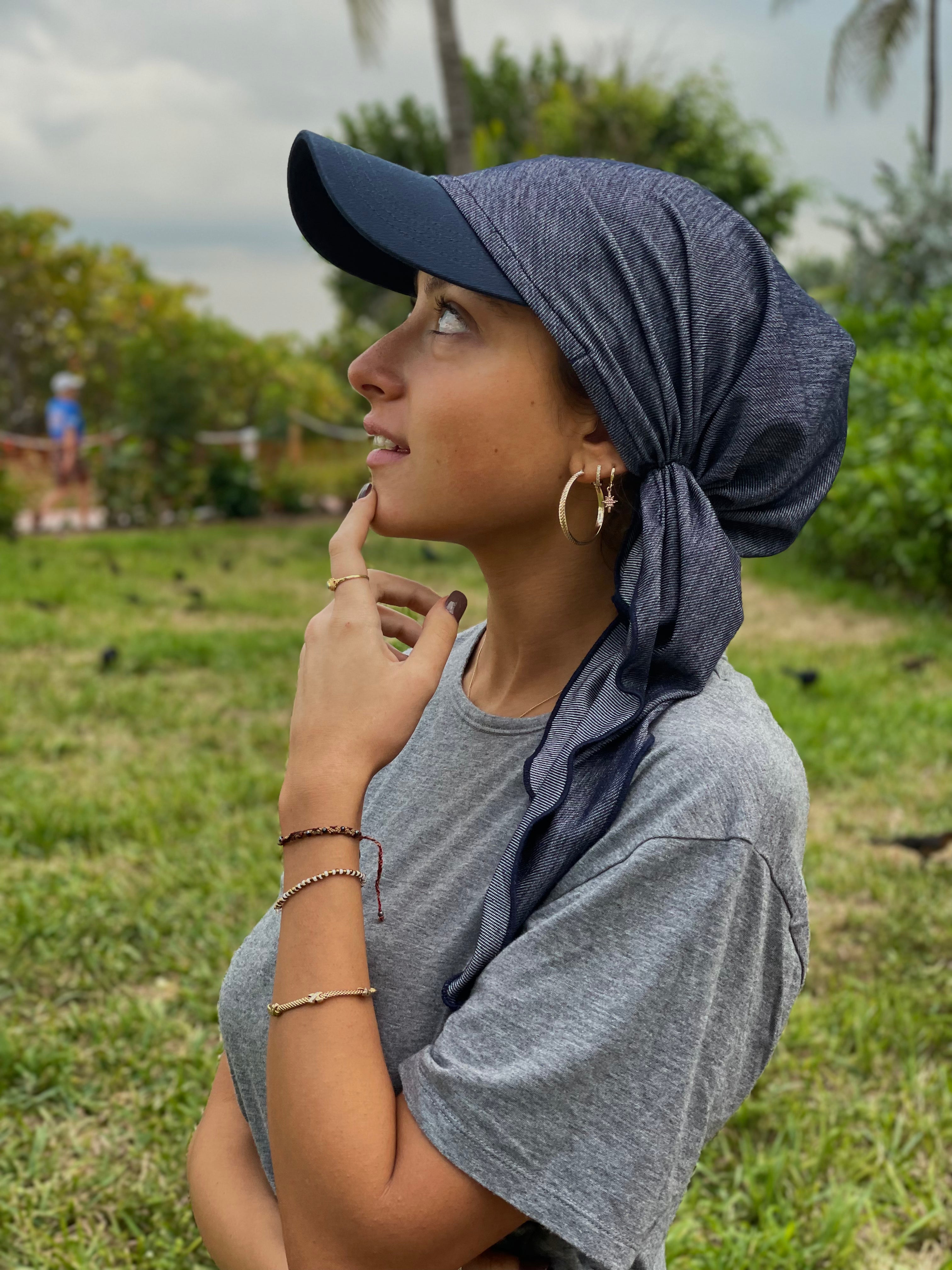Blue Denim Sun Hat & Visor Scarf for Women - Adjustable Headscarf & Hijab Accessory - UV Protection Summer Beach Hat - Made in USA by Uptown Girl Headwear - Perfect for Outdoor Activities, Beach Vacations and Daily Sun Protection