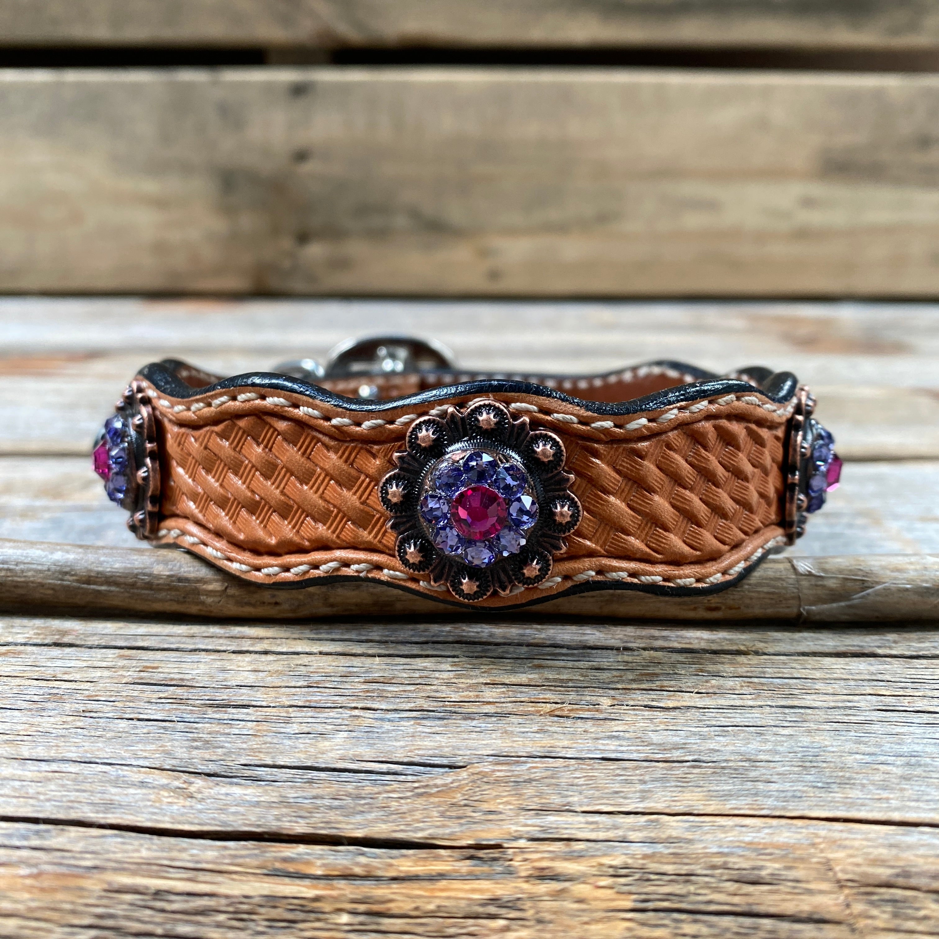 Premium Genuine Leather Dog Collar with Copper Fuchsia & Lilac Conchos - Adjustable 10-22 inches (DC35) for Small to Large Dogs - Perfect for Daily Walks, Training & Fashion Accessories