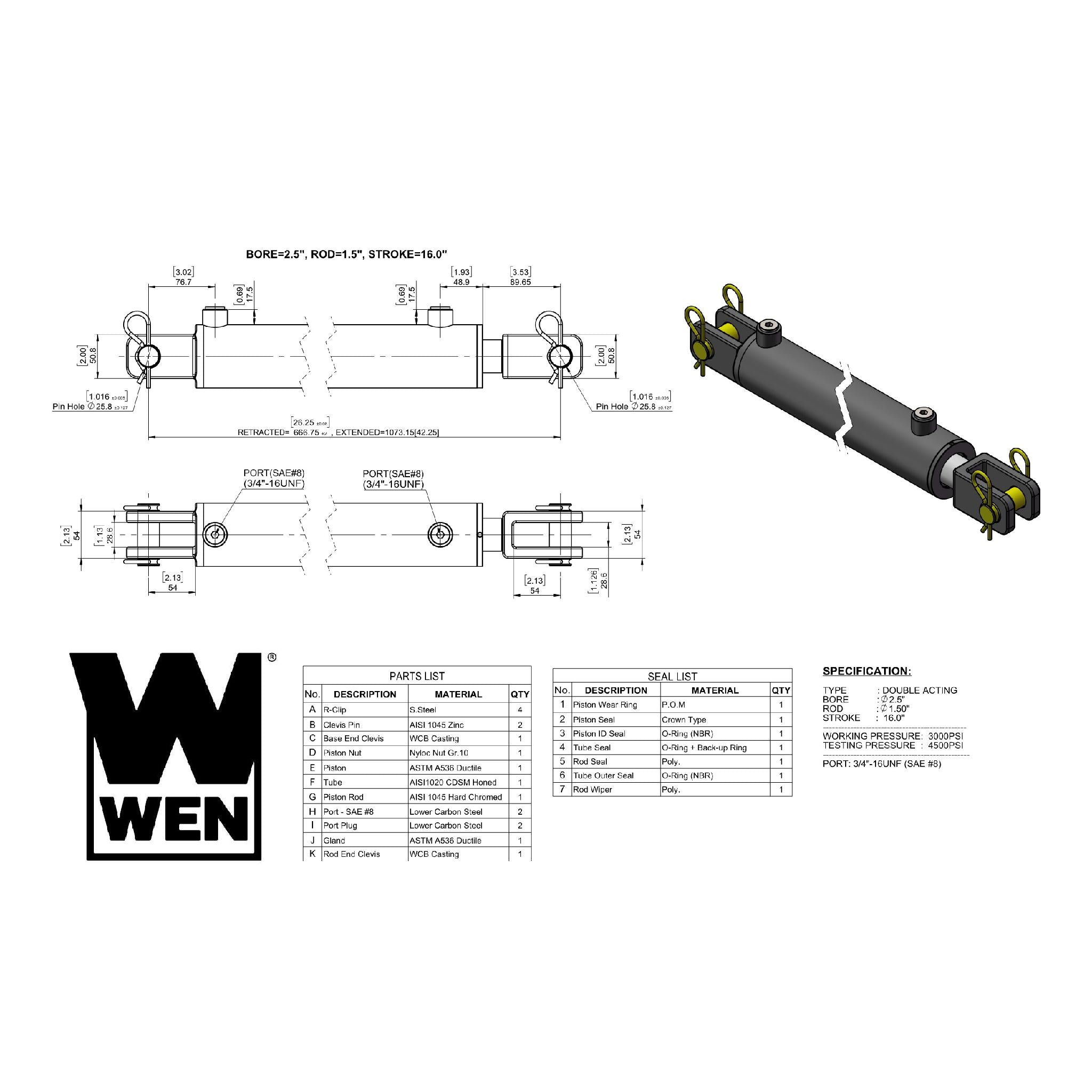 WEN CC2516 Clevis Hydraulic Cylinder - 2.5 Inch Bore, 16 Inch Stroke for Heavy-Duty Industrial Equipment & Machinery Applications