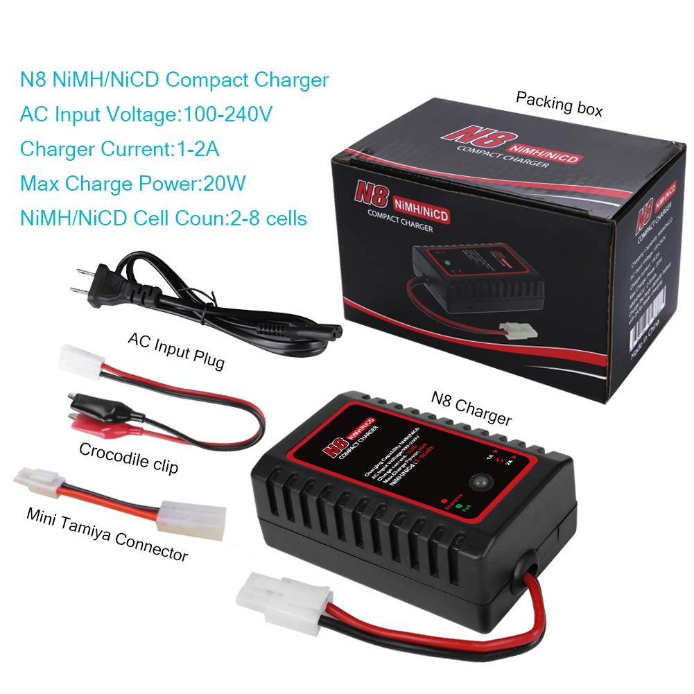 2-8s NiMH/NiCd Battery Charger with Tamiya Connector - 1000mA/2000mA Charging Current for RC Cars, Boats & Hobbies | Fast Charging for RC Vehicles & Remote Control Toys