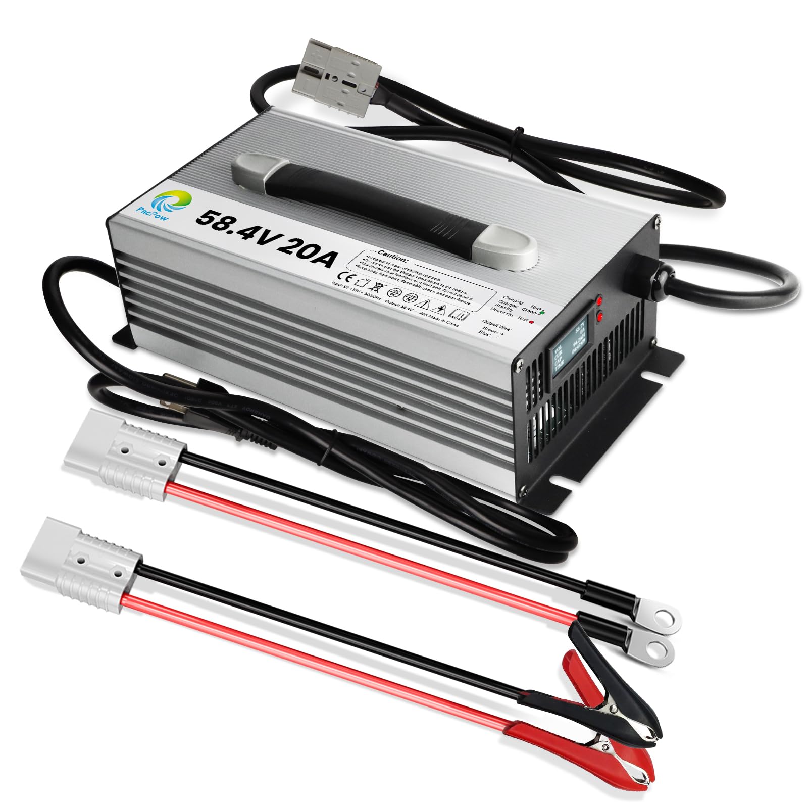 58.4V 20A LiFePO4 Lithium Battery Charger - Smart 48V 20A Lifepo4 Charger for Golf Cart, RV & Off-Grid Solar Systems - LCD & LED Display - Fast Charging for Lithium Iron Phosphate Batteries - Perfect for Marine, Electric Vehicles & Renewable Energy Storage